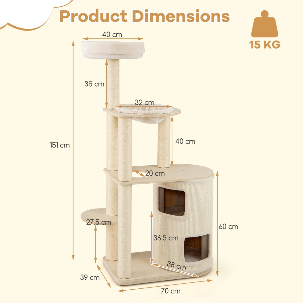 LIVSK Houten Krabpaal voor Katten - 2 Verdiepingen met Hangmat - Sisal Krabpalen - Robuust en Comfortabel - Naturel + Wit
