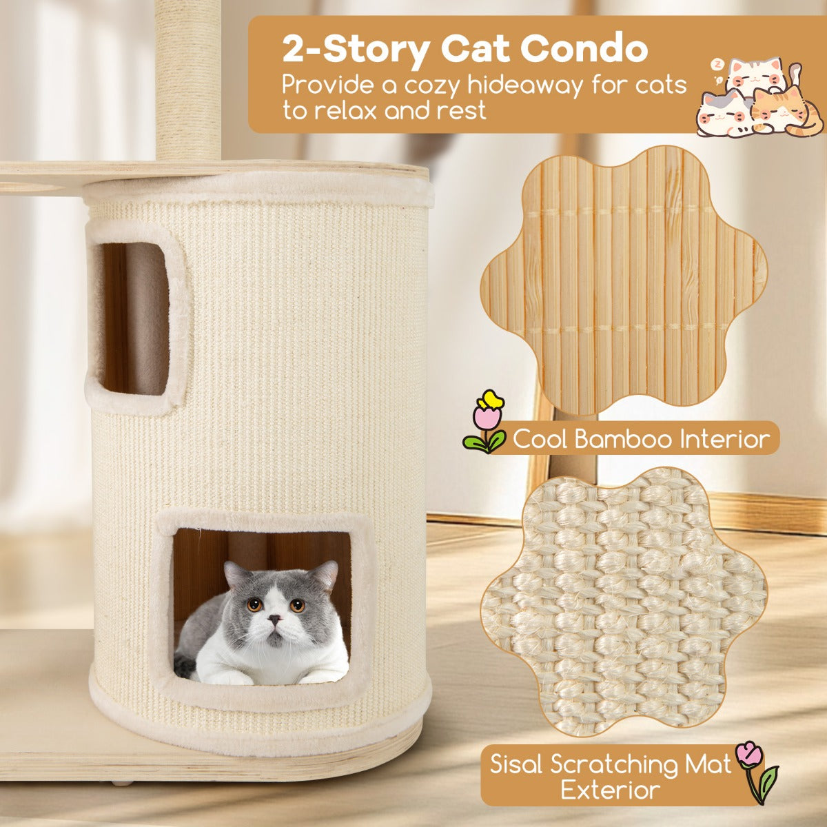 LIVSK Houten Krabpaal voor Katten - 2 Verdiepingen met Hangmat - Sisal Krabpalen - Robuust en Comfortabel - Naturel + Wit