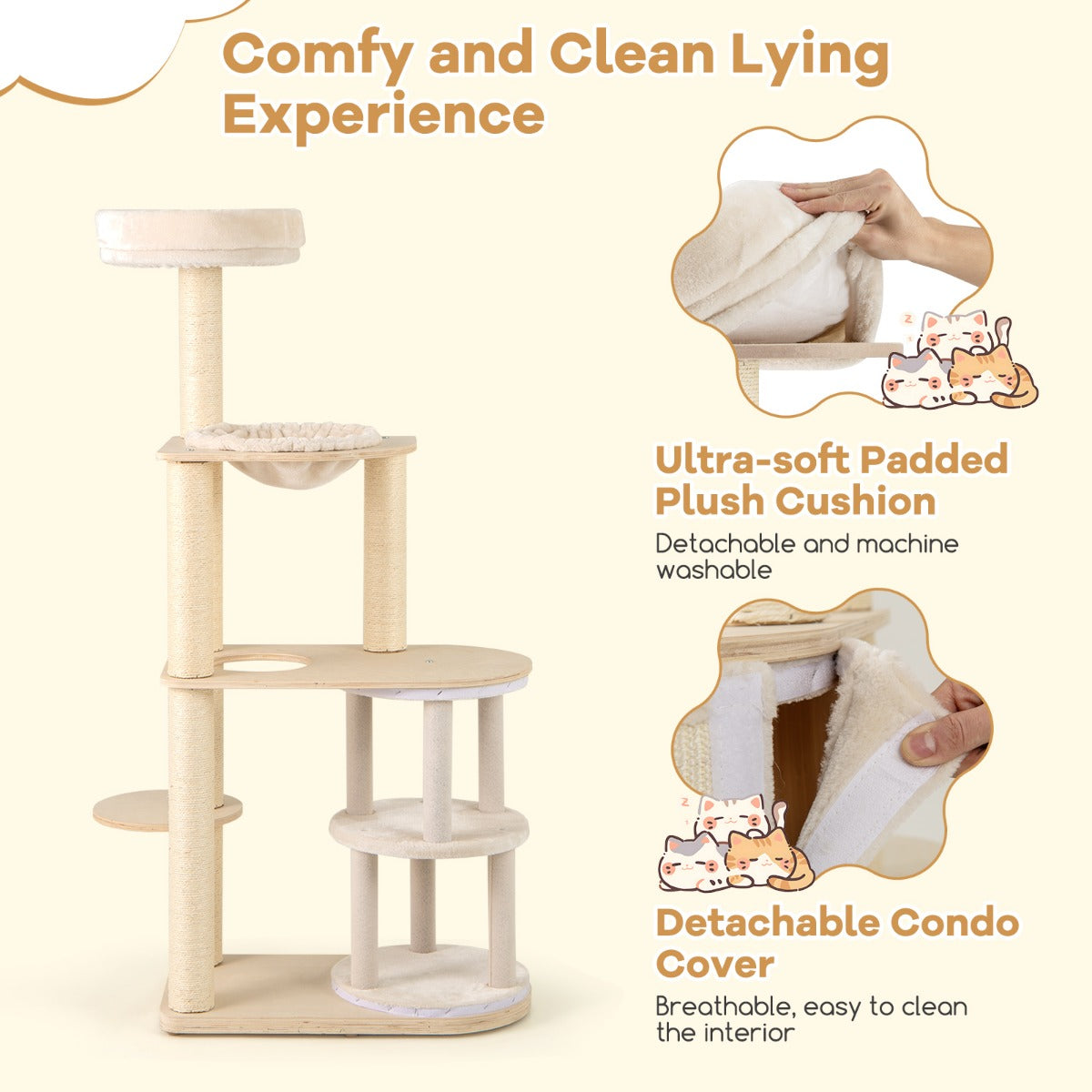 LIVSK Houten Krabpaal voor Katten - 2 Verdiepingen met Hangmat - Sisal Krabpalen - Robuust en Comfortabel - Naturel + Wit