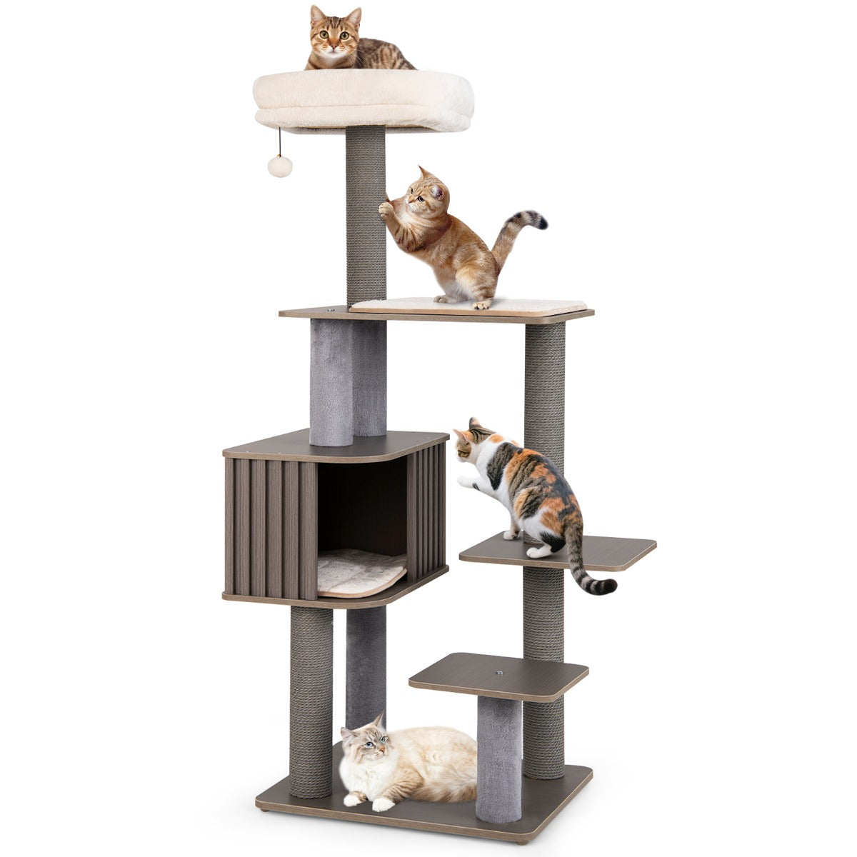 LIVSK Kattentoren met Meerdere Niveaus - Ruim Kattenhuis - Afneembare Kussens - Stimulerend Design - 151 cm Hoog - Grijs