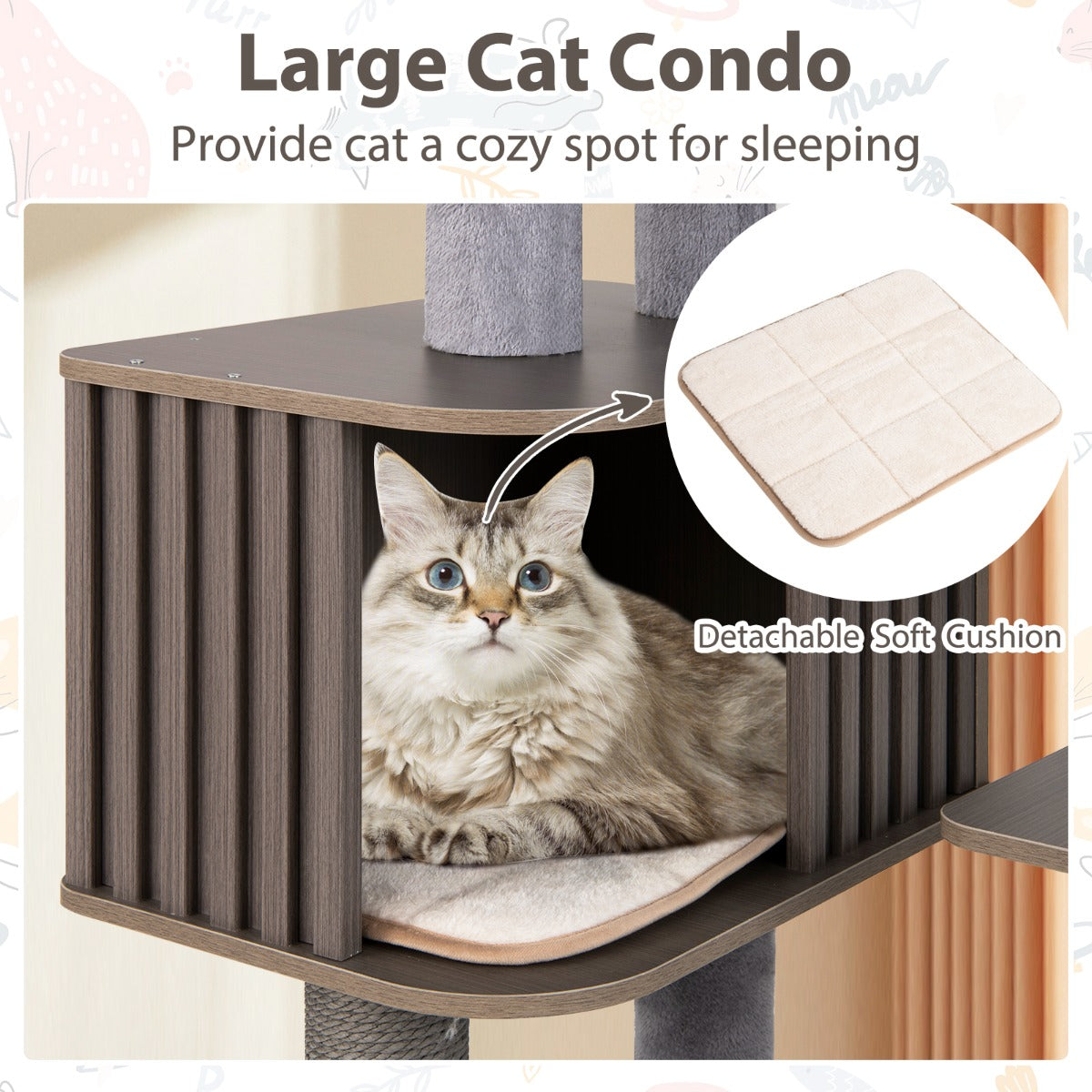 LIVSK Kattentoren met Meerdere Niveaus - Ruim Kattenhuis - Afneembare Kussens - Stimulerend Design - 151 cm Hoog - Grijs