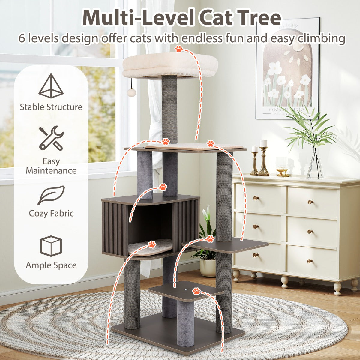 LIVSK Kattentoren met Meerdere Niveaus - Ruim Kattenhuis - Afneembare Kussens - Stimulerend Design - 151 cm Hoog - Grijs