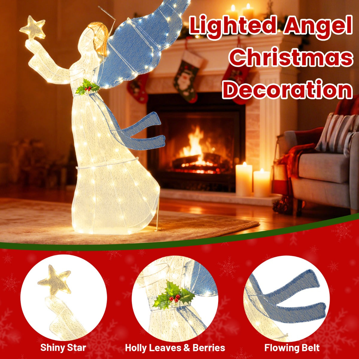 Livsk costway 152 cm kerstversiering lichtgevende engel voorverlichte 3d engel met ster vleugels en warme led lichtjes 3