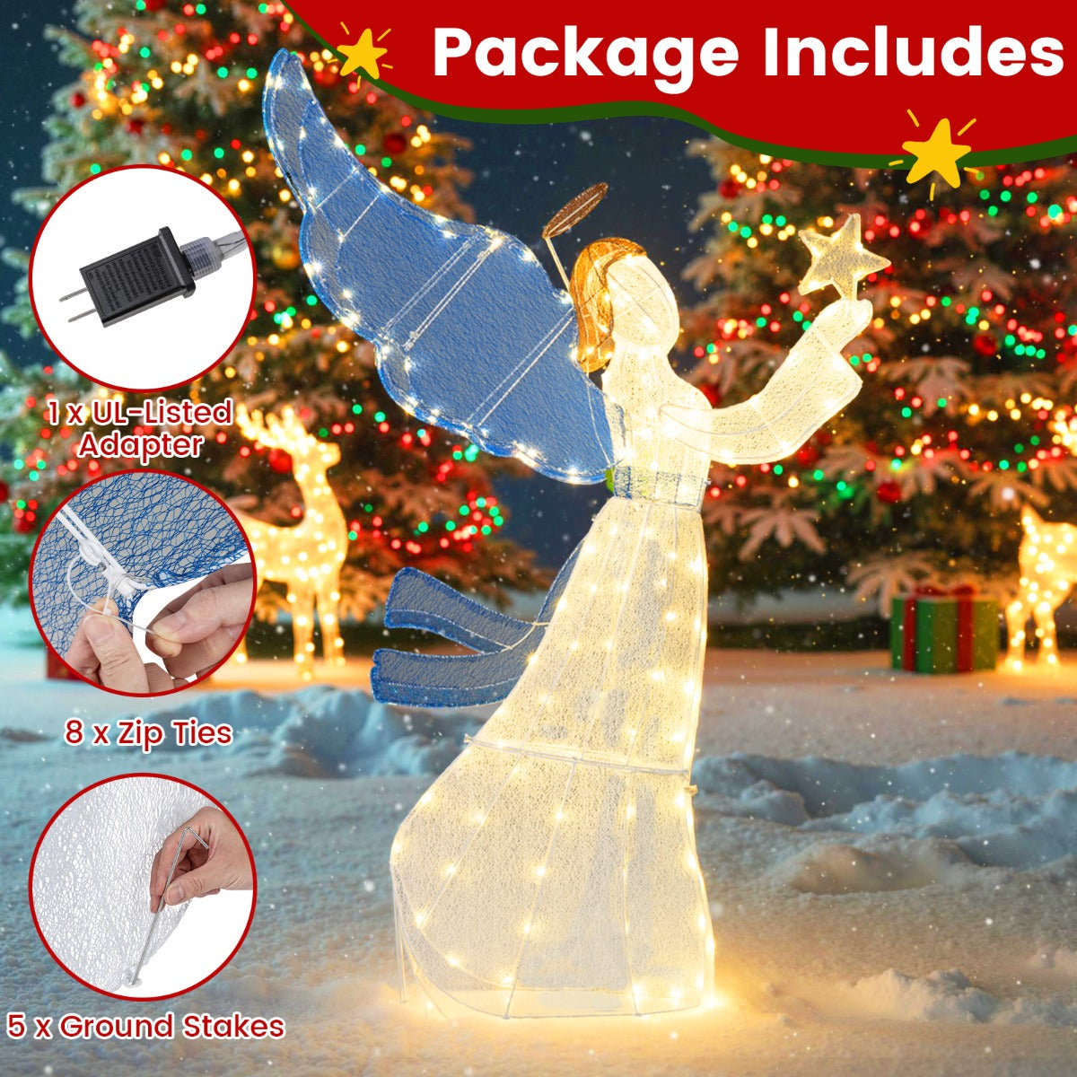 Livsk costway 152 cm kerstversiering lichtgevende engel voorverlichte 3d engel met ster vleugels en warme led lichtjes 4