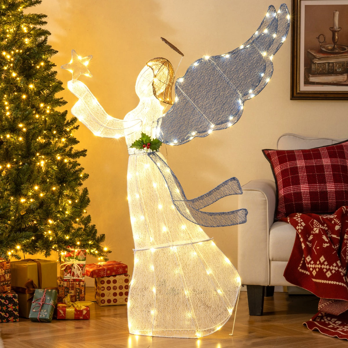 Livsk costway 152 cm kerstversiering lichtgevende engel voorverlichte 3d engel met ster vleugels en warme led lichtjes 6