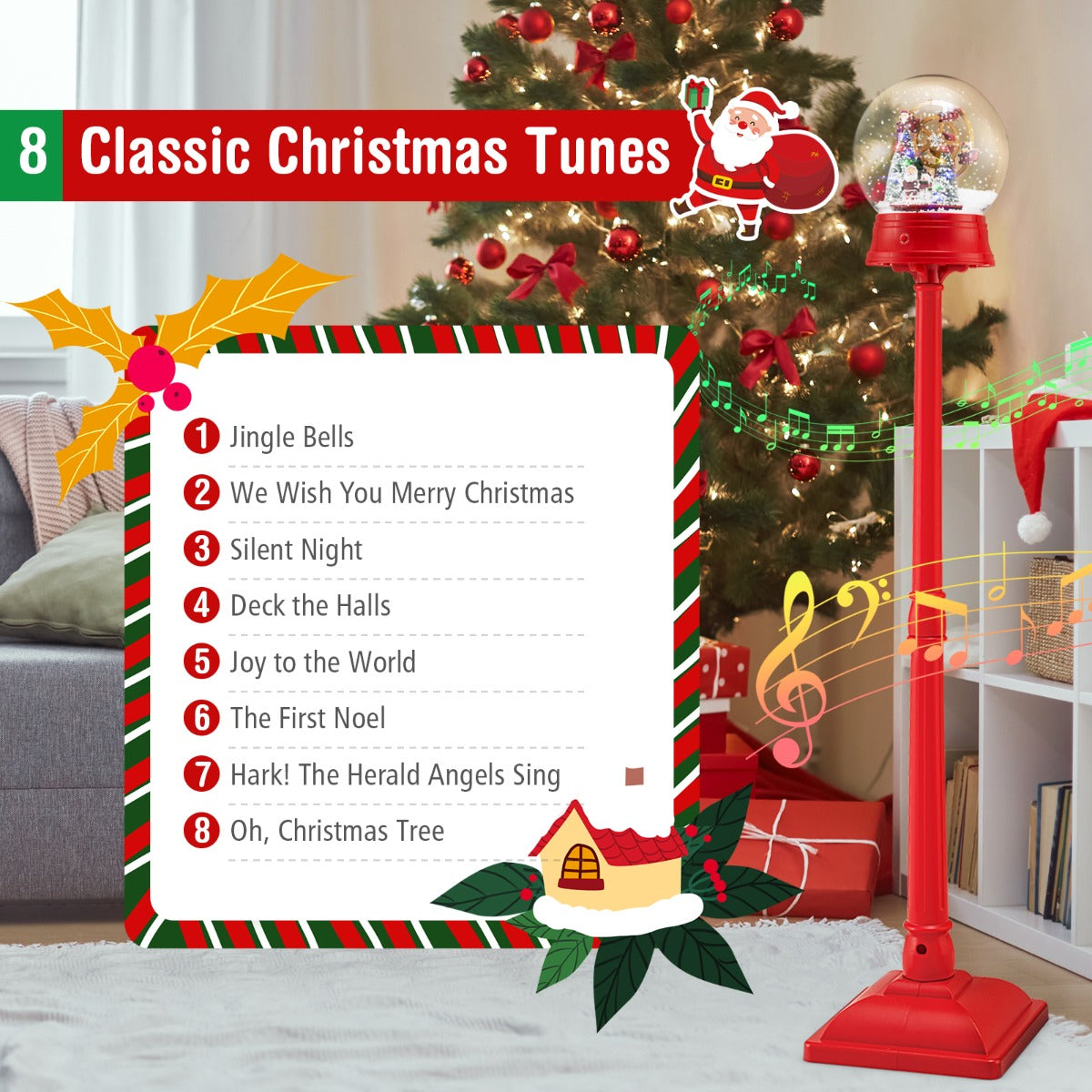 LIVSK Muzikale Straatlantaarn - 360° Draaiend Tafereel - 8 Klassieke Kerstmelodieën - Vloerlamp of Tafeldecoratie - Rood