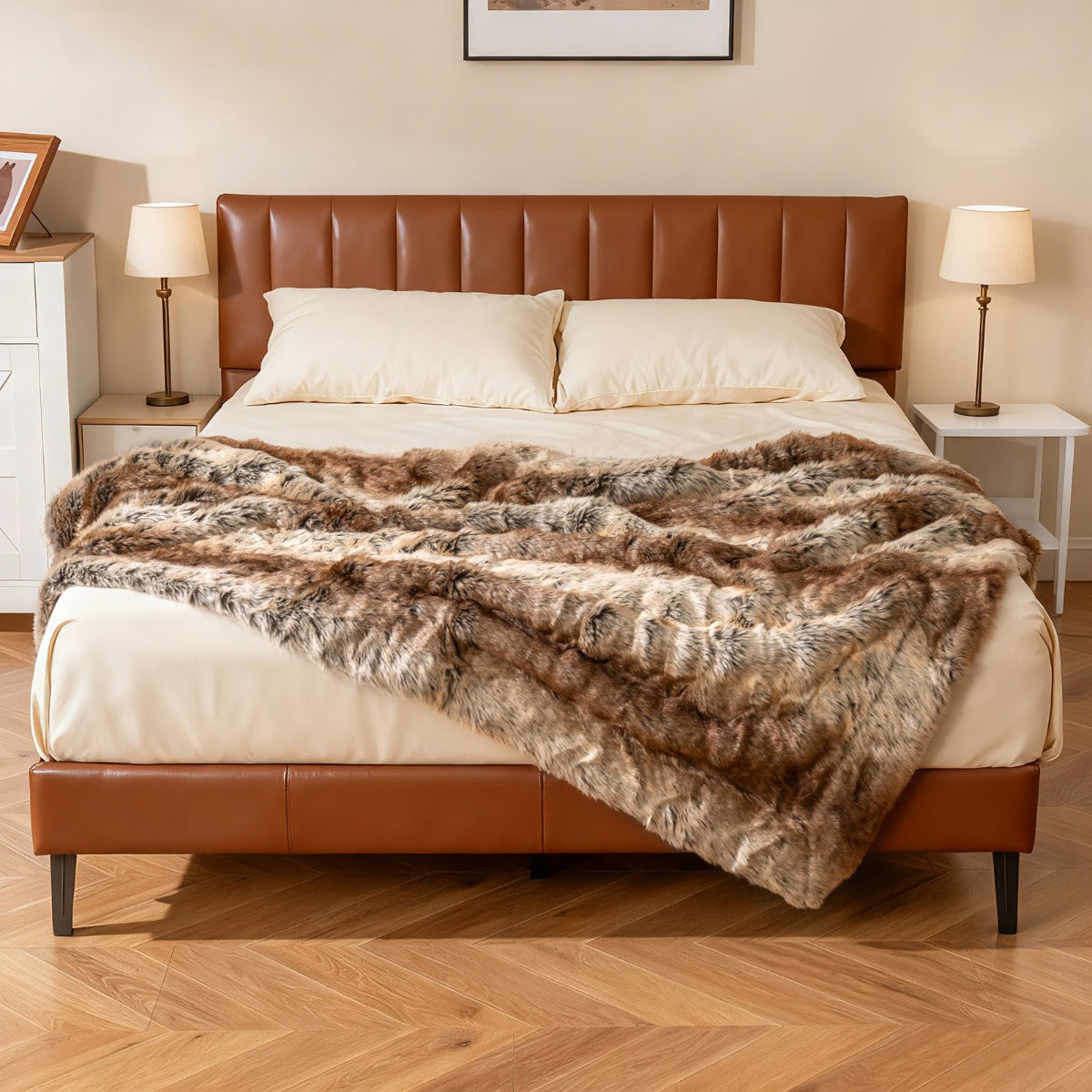 Livsk costway 153 x 203 cm zachte en donzige deken van imitatiebont imitatiebont in wasbeer stijl luxe dikke en warme sprei 6