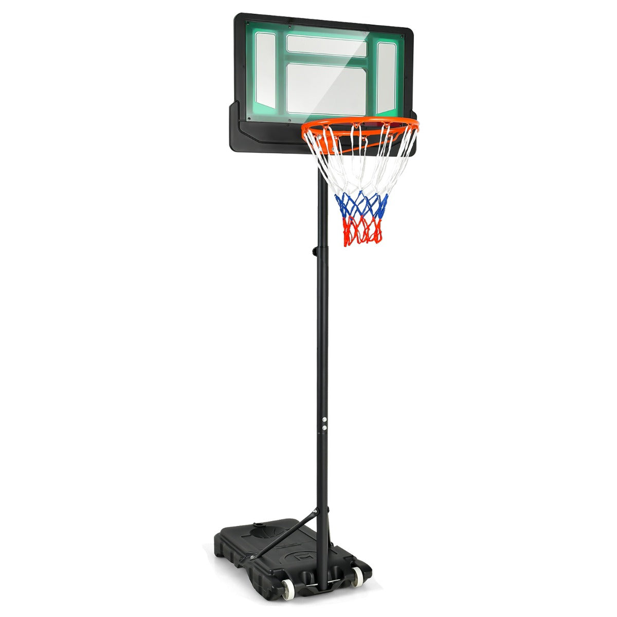 LIVSK Basketbalkorf op Wielen - Verstelbare Hoogte 132-250 cm - Stabiele Haak - Duurzaam en Weerbestendig - Blauw/Rood/Groen+Zwart