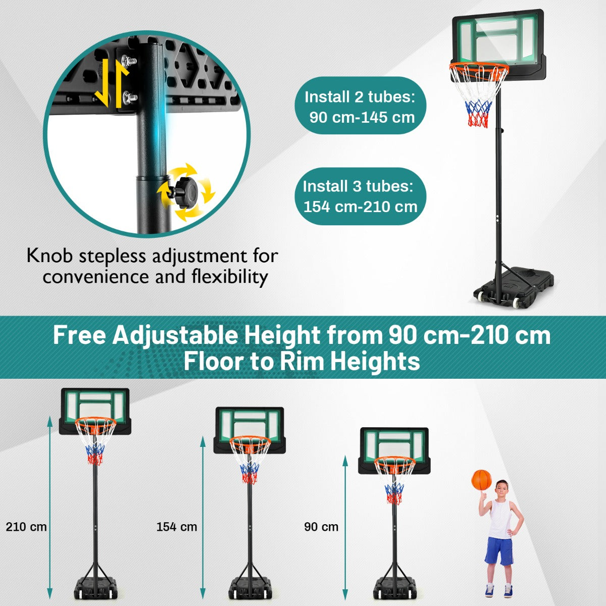 LIVSK Basketbalkorf op Wielen - Verstelbare Hoogte 132-250 cm - Stabiele Haak - Duurzaam en Weerbestendig - Blauw/Rood/Groen+Zwart