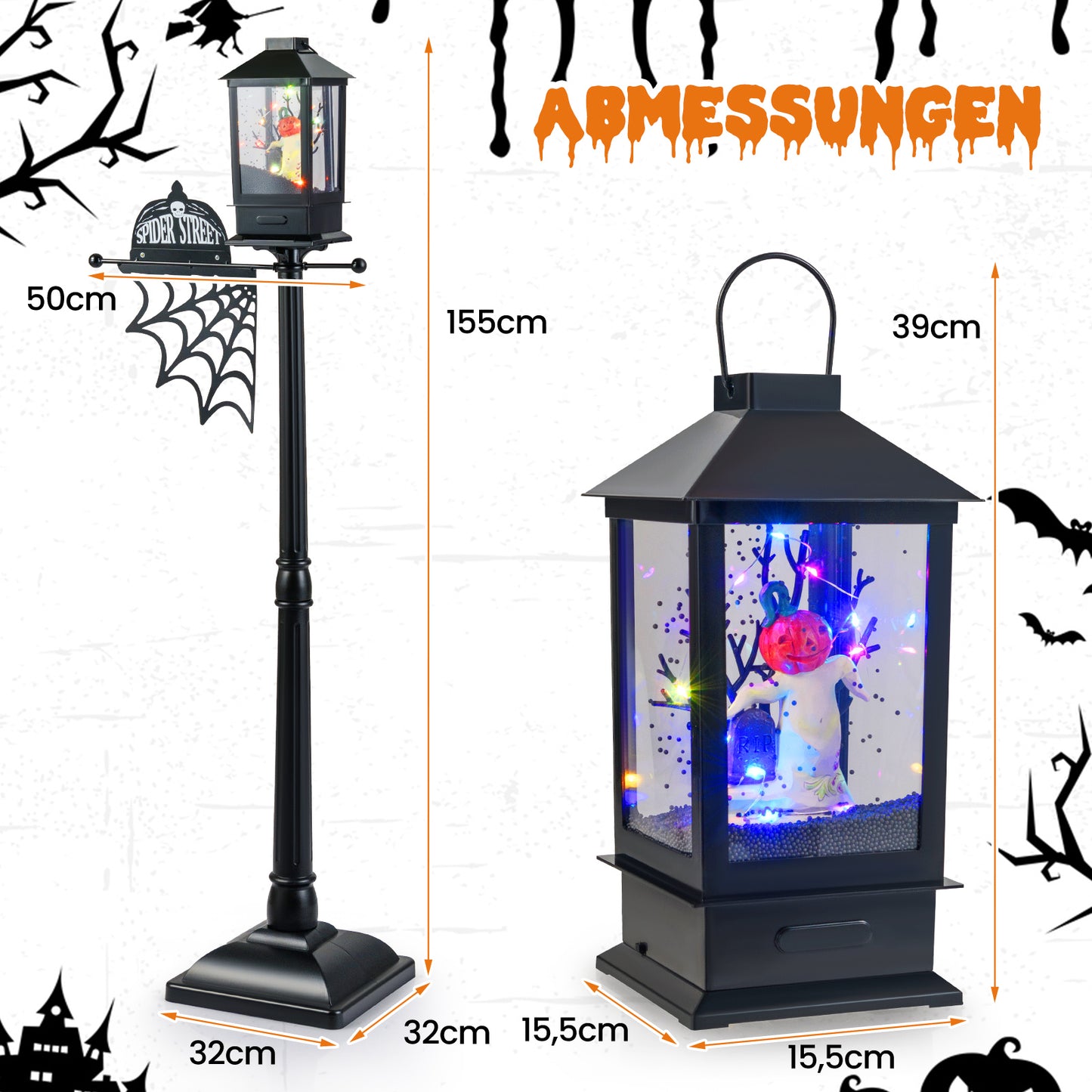 LIVSK Halloween Lantaarnpaal - 155 cm Hoog - Geluid Geactiveerd met 6 - kleurige LED's - Griezelige Muziek - Zwart Sneeuw Effect