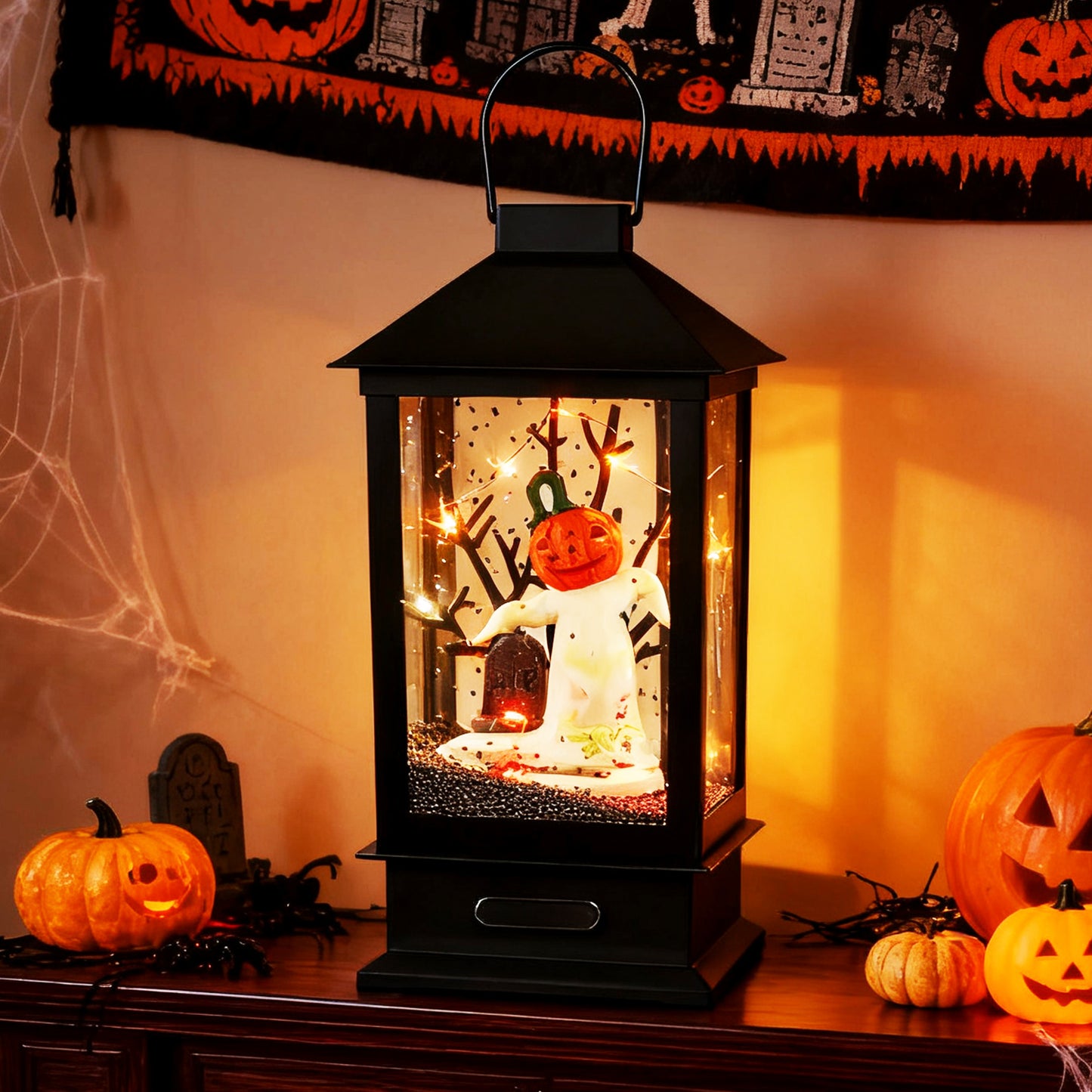 LIVSK Halloween Lantaarnpaal - 155 cm Hoog - Geluid Geactiveerd met 6 - kleurige LED's - Griezelige Muziek - Zwart Sneeuw Effect