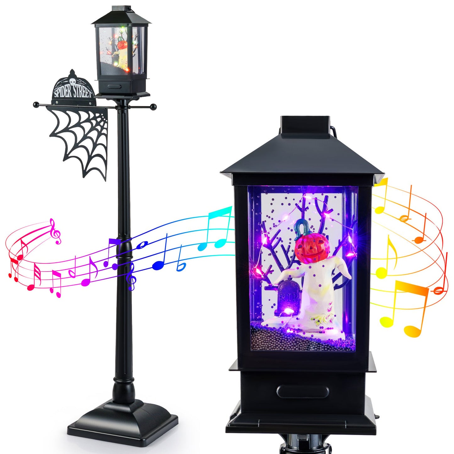 LIVSK Halloween Lantaarnpaal - 155 cm Hoog - Geluid Geactiveerd met 6 - kleurige LED's - Griezelige Muziek - Zwart Sneeuw Effect