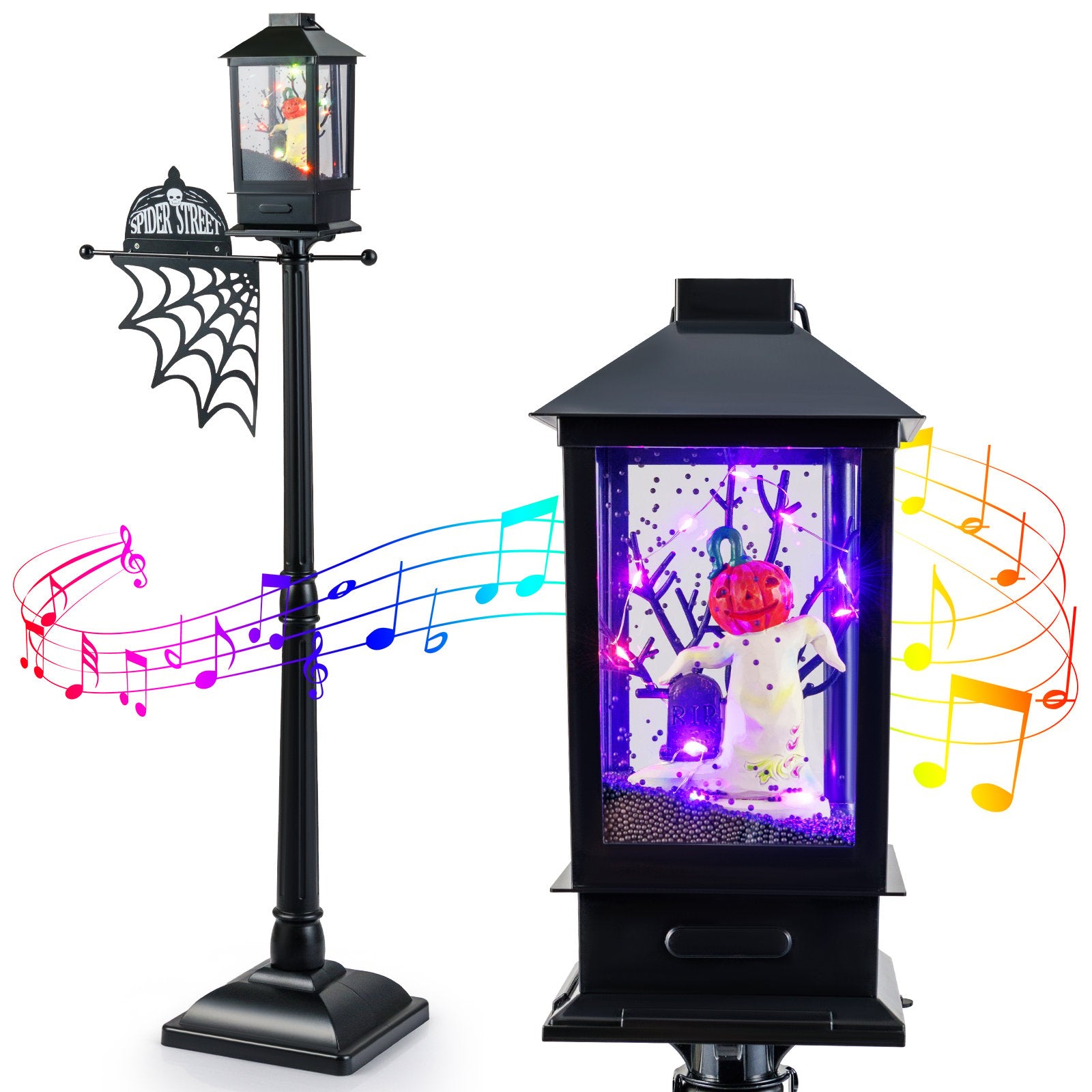 LIVSK Halloween Lantaarnpaal - 155 cm Hoog - Geluid Geactiveerd met 6 - kleurige LED's - Griezelige Muziek - Zwart Sneeuw Effect