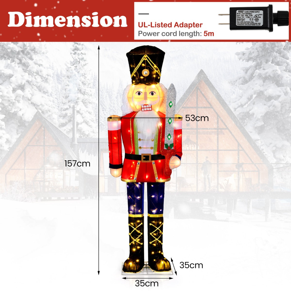 LIVSK Verlichte Notenkraker-soldaat - 100 LED-lampen - Duurzaam Gepoeerdercoat Metaal - Eenvoudige Installatie - 1,5 m Hoog - Rood