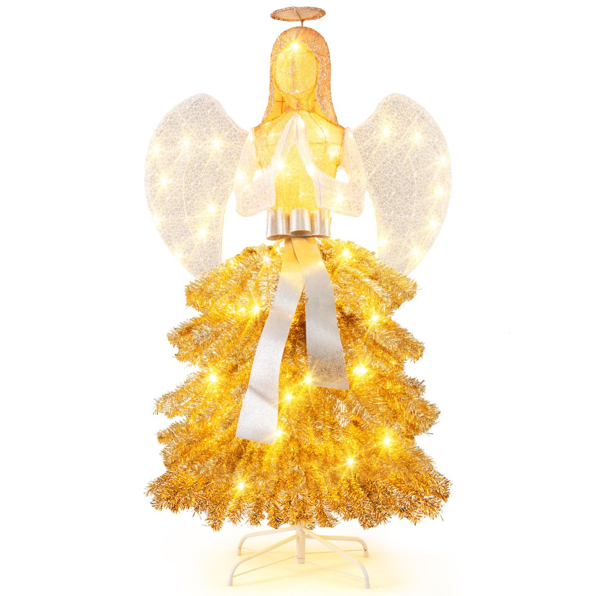 LIVSK Engel Kerstboom - Verlicht met 150 LED-lampjes - Waterdicht - Metalen Voet - Voor Binnen en Buiten - Goud + Wit