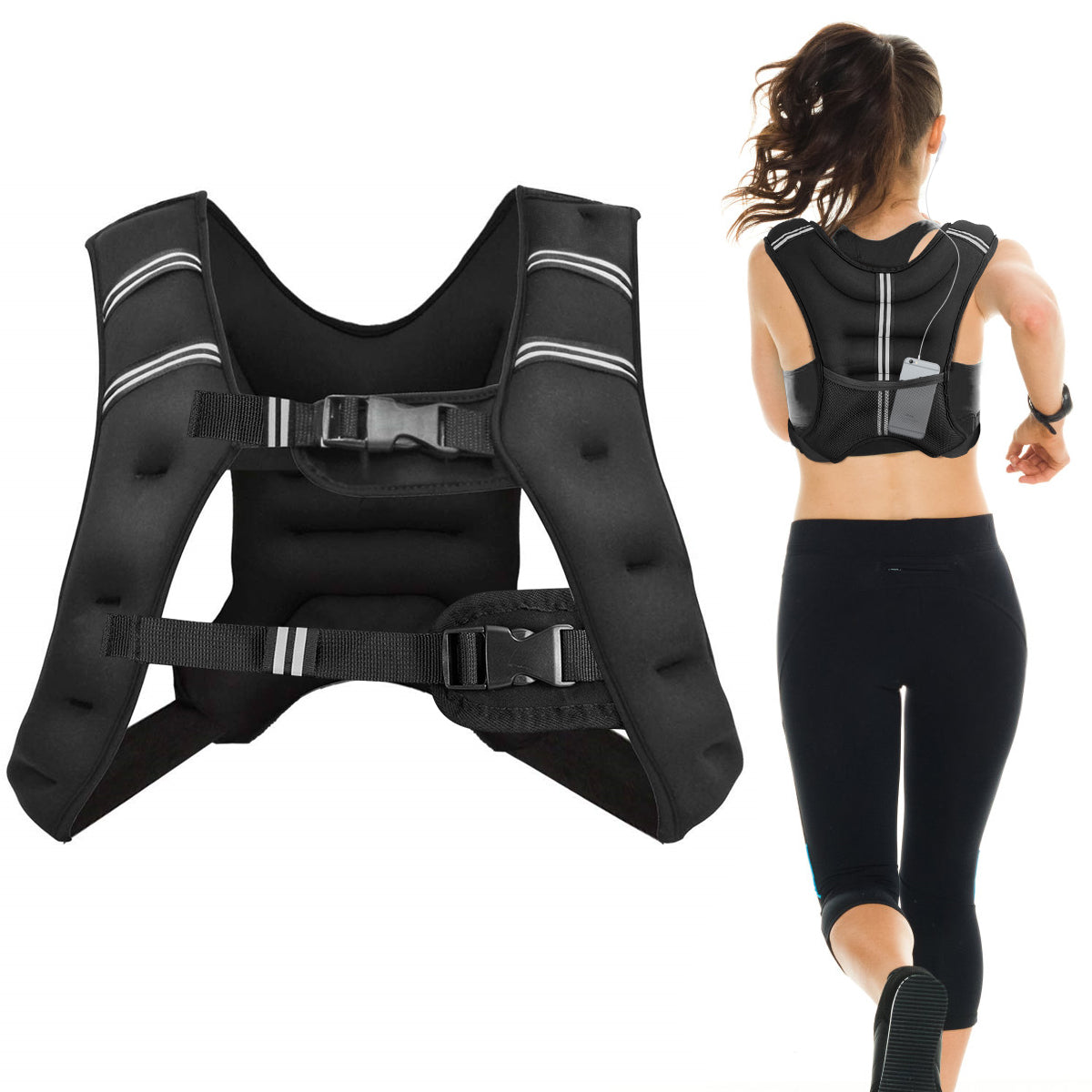 Livsk costway 15kg gewichtsvest trainingsvest met reflecterende strips en verstelbare riem fitnessvest