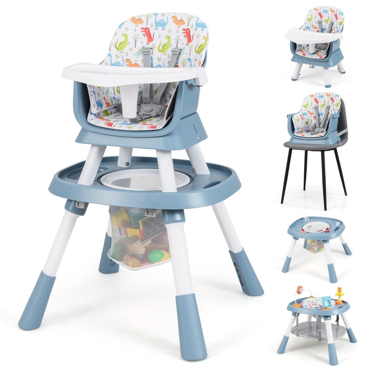 LIVSK 16 - in - 1 Multifunctionele Babyhoogstoel - Verstelbare Hoogte - Afneembaar Dienblad - 5 - Punts Gordel - Blauw/Wit - Voor
