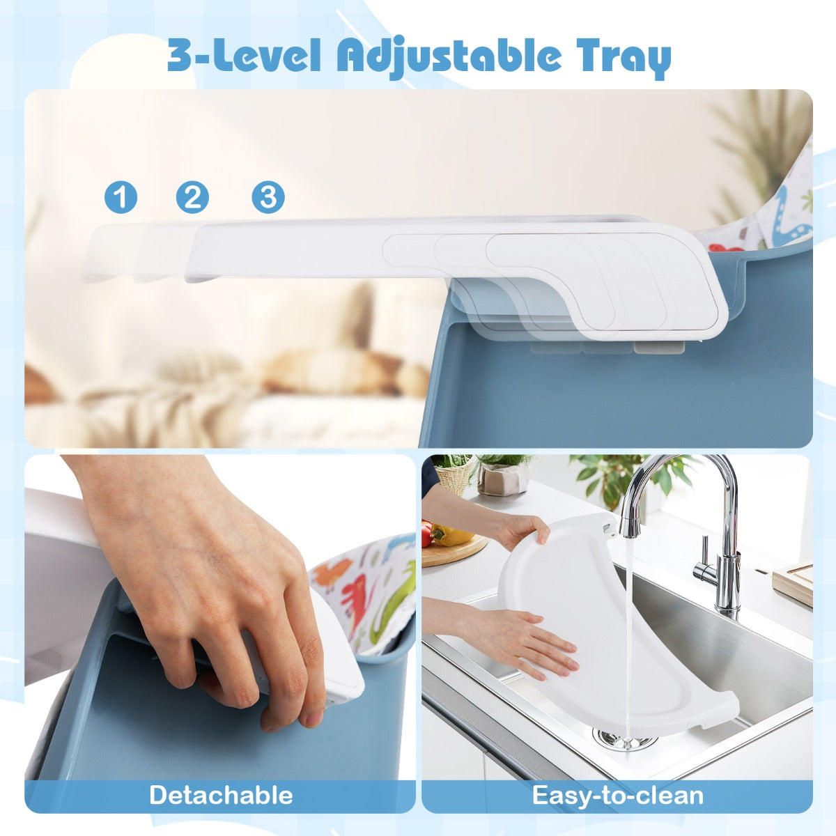 LIVSK 16 - in - 1 Multifunctionele Babyhoogstoel - Verstelbare Hoogte - Afneembaar Dienblad - 5 - Punts Gordel - Blauw/Wit - Voor