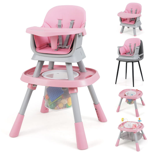 LIVSK 16 - in - 1 Multifunctionele Baby - Hogekstoel - Verstelbaar - Afneembaar Dienblad - 5 - Punts Gordel - Roze en Grijs
