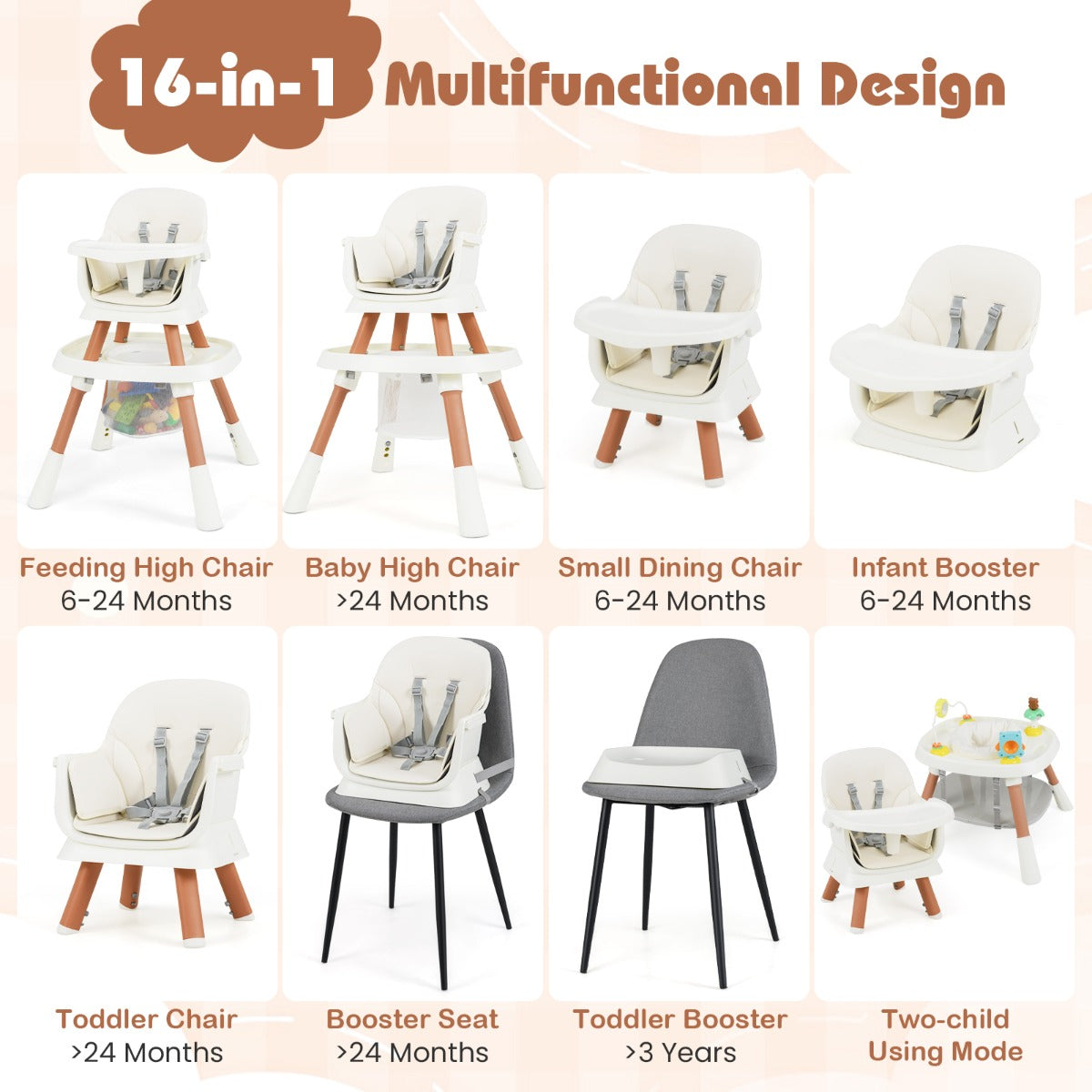 LIVSK 16 - in - 1 Multifunctionele Babyhoogstoel - Verstelbare Hoogte - Afneembare Tray - 5 - Punts Gordel - Veilig en