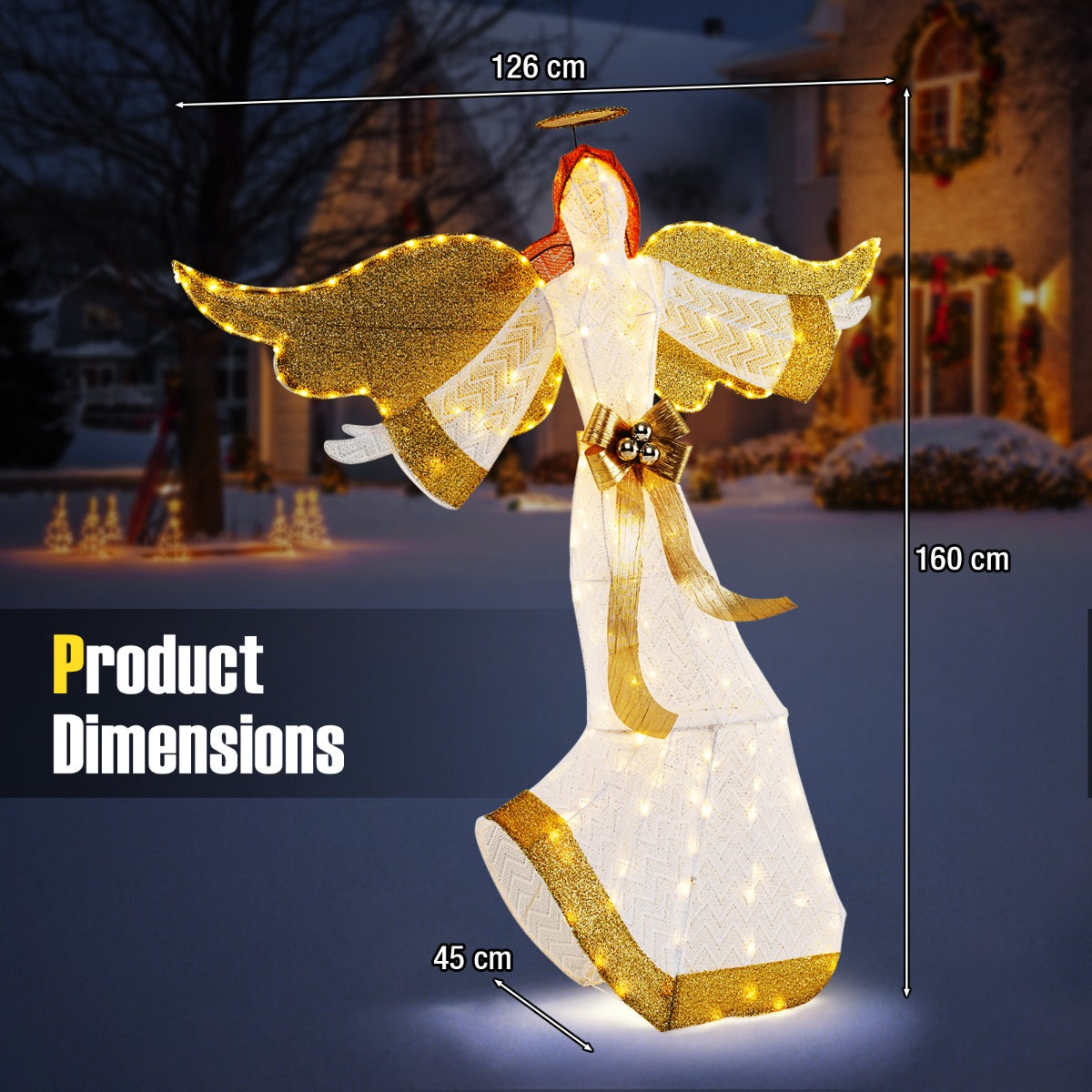 LIVSK Verlichte Kerstengel - 180 Warmwitte LED-lampen - Weerbestendig - Met Halo en Vleugels - 160 cm - Wit