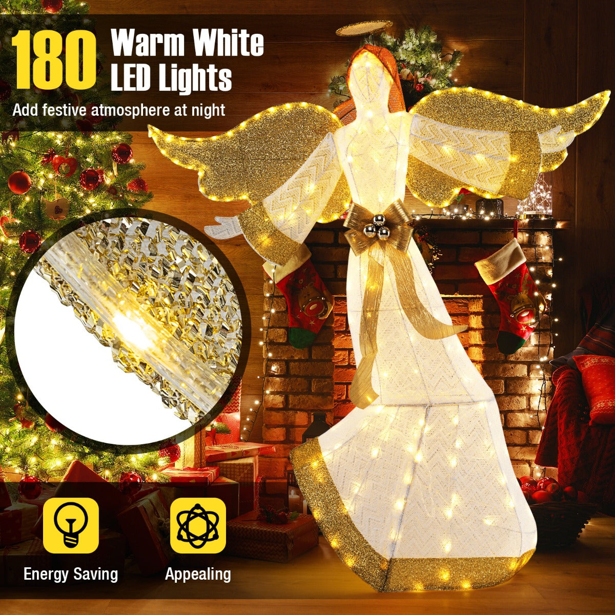 LIVSK Verlichte Kerstengel - 180 Warmwitte LED-lampen - Weerbestendig - Met Halo en Vleugels - 160 cm - Wit