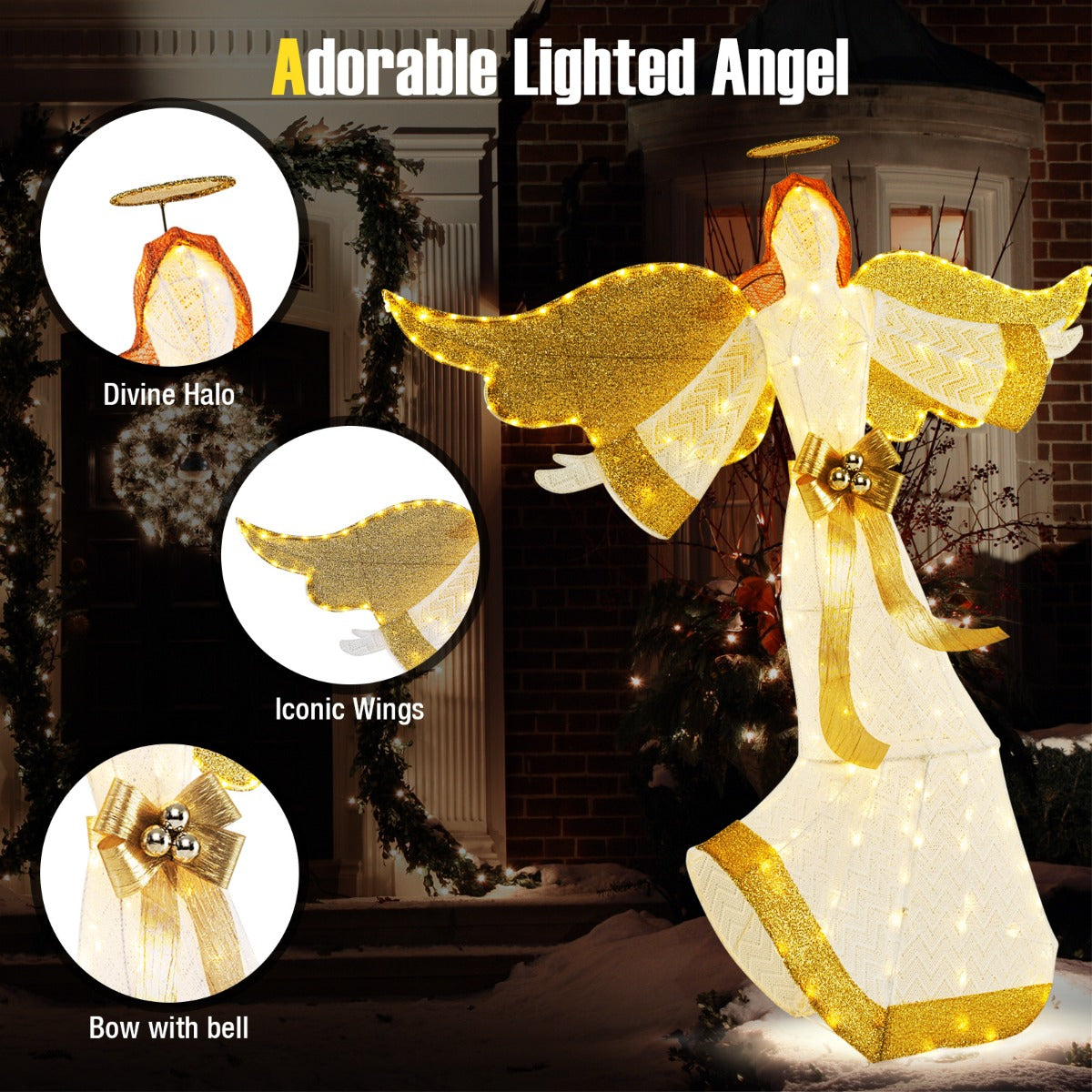 LIVSK Verlichte Kerstengel - 180 Warmwitte LED-lampen - Weerbestendig - Met Halo en Vleugels - 160 cm - Wit