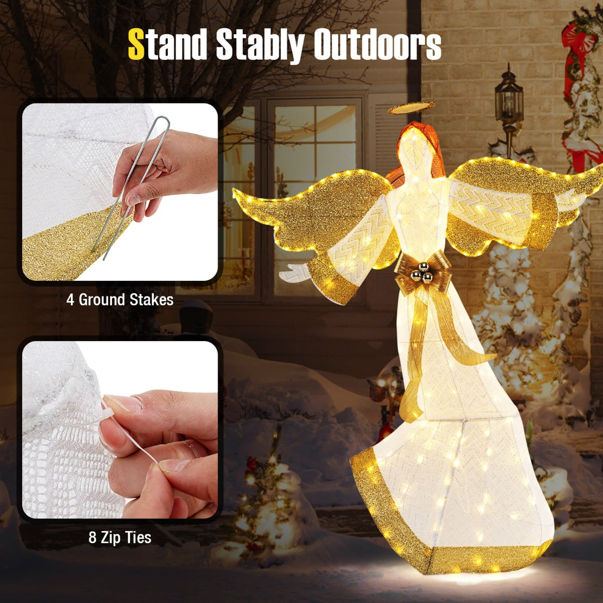 LIVSK Verlichte Kerstengel - 180 Warmwitte LED-lampen - Weerbestendig - Met Halo en Vleugels - 160 cm - Wit