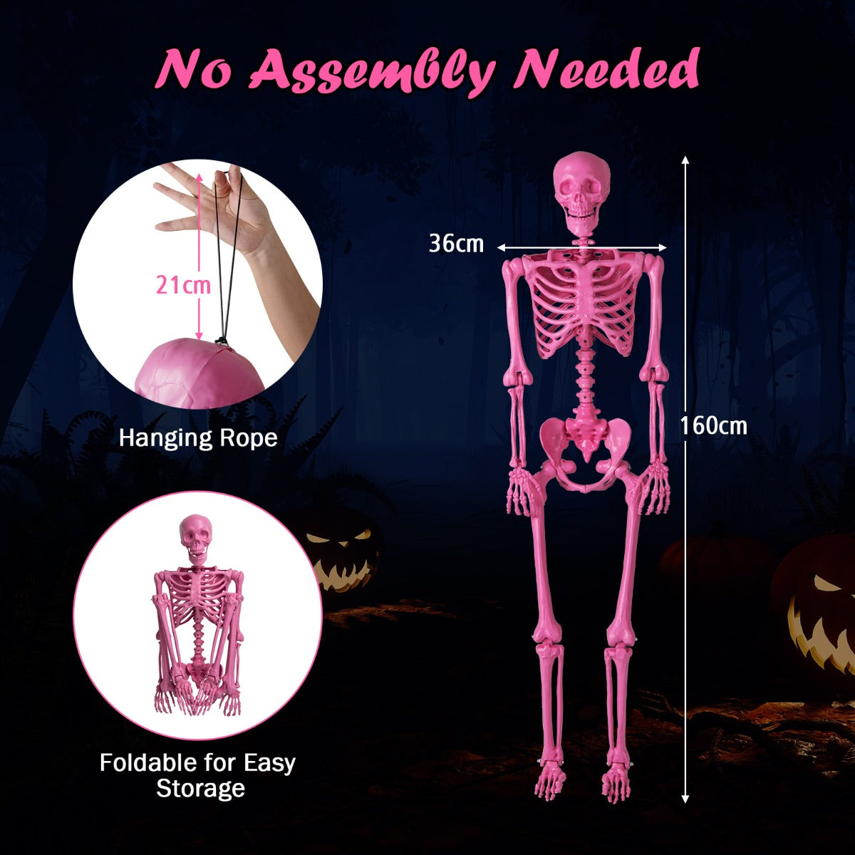 LIVSK Halloween Skelet 160 cm - Levensgroot en Poseerbaar - Flexibele Gewrichten - Duurzaam voor Binnen en Buiten - Roze