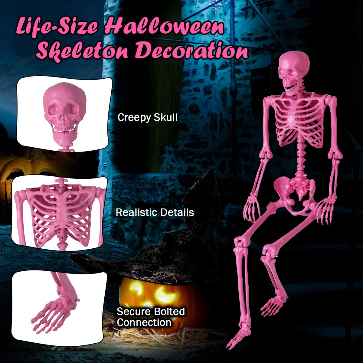LIVSK Halloween Skelet 160 cm - Levensgroot en Poseerbaar - Flexibele Gewrichten - Duurzaam voor Binnen en Buiten - Roze