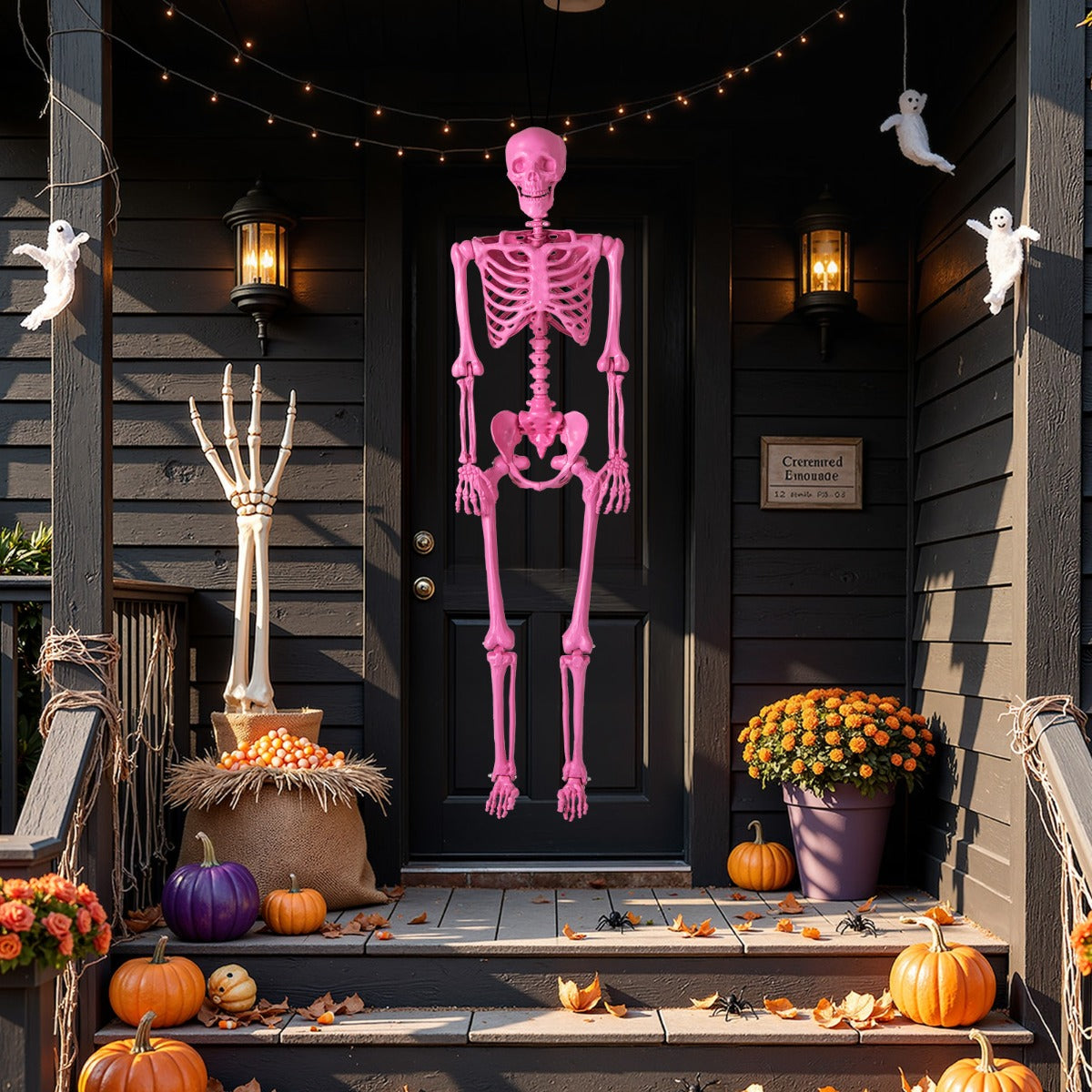 LIVSK Halloween Skelet 160 cm - Levensgroot en Poseerbaar - Flexibele Gewrichten - Duurzaam voor Binnen en Buiten - Roze