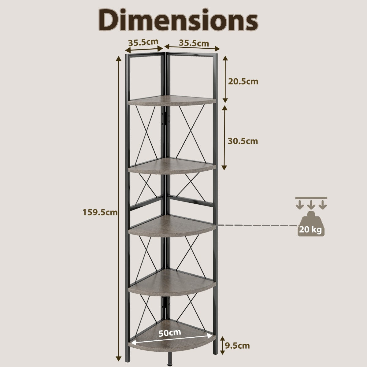 LIVSK Hoekplank Boekenkast 5 Niveaus - Multifunctioneel Opbergrek voor Kleine Ruimtes - Stabiel Metalen Frame - Tot 60 kg -