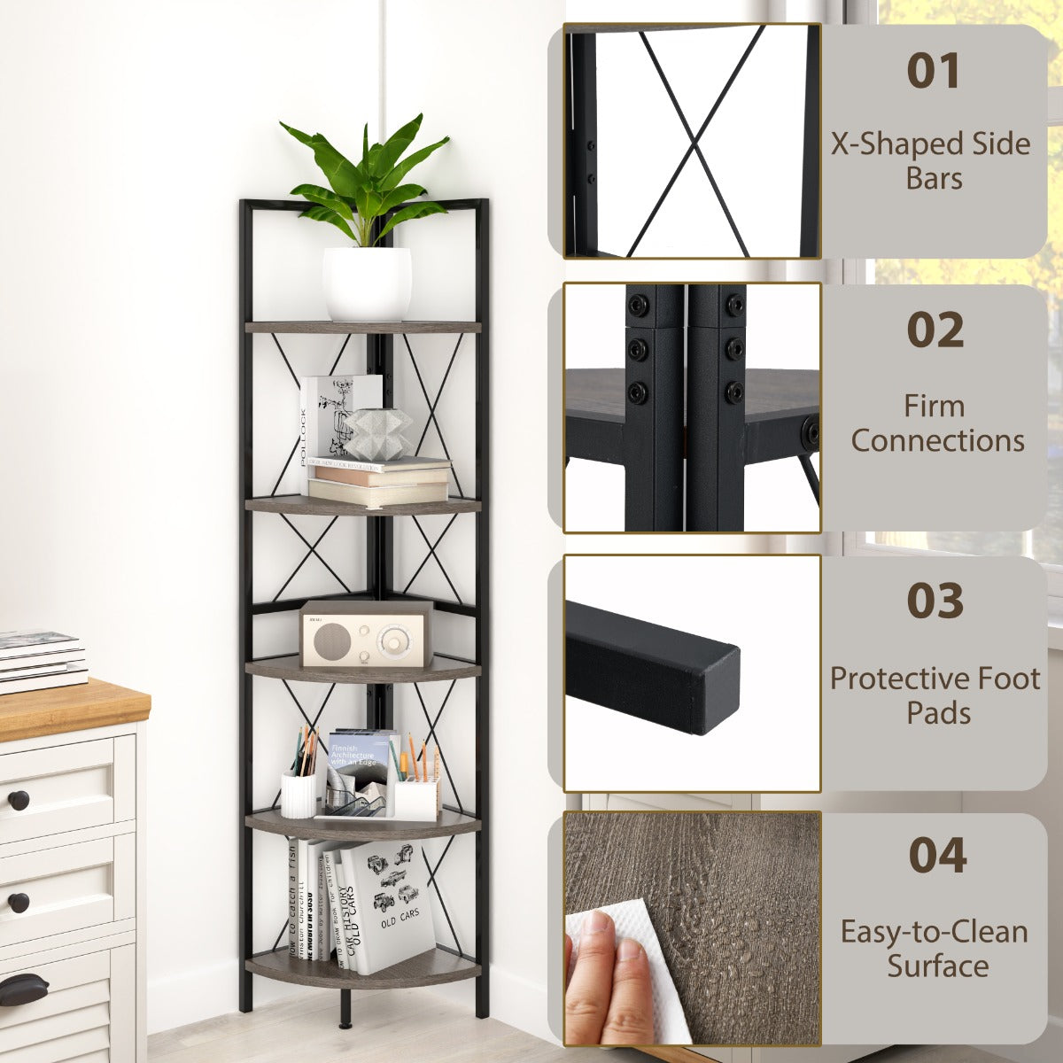 LIVSK Hoekplank Boekenkast 5 Niveaus - Multifunctioneel Opbergrek voor Kleine Ruimtes - Stabiel Metalen Frame - Tot 60 kg -