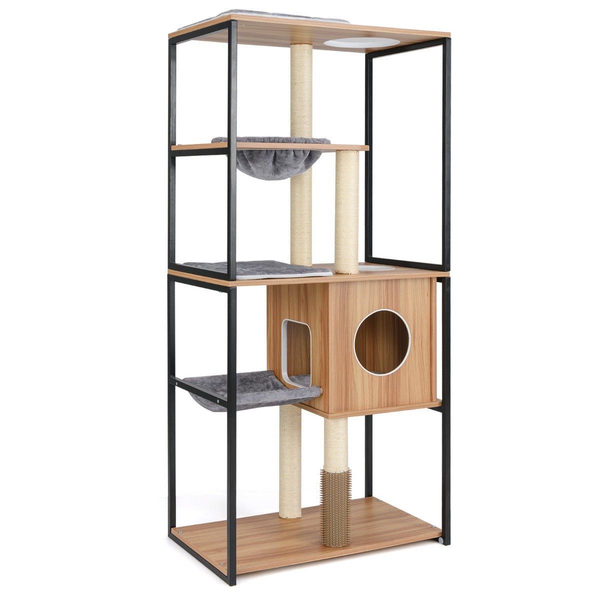 LIVSK Moderne Kattentoren - Ruime Condo met Hangmat en Mand - Gewatteerde Zitstokken - 3 Ingangen - 75 x 45 x 160 cm - Natuurlijk