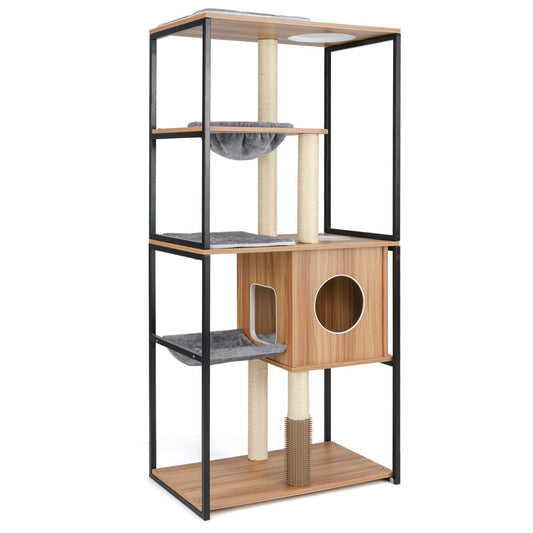 LIVSK Moderne Kattentoren - Ruime Condo met Hangmat en Mand - Gewatteerde Zitstokken - 3 Ingangen - 75 x 45 x 160 cm - Natuurlijk