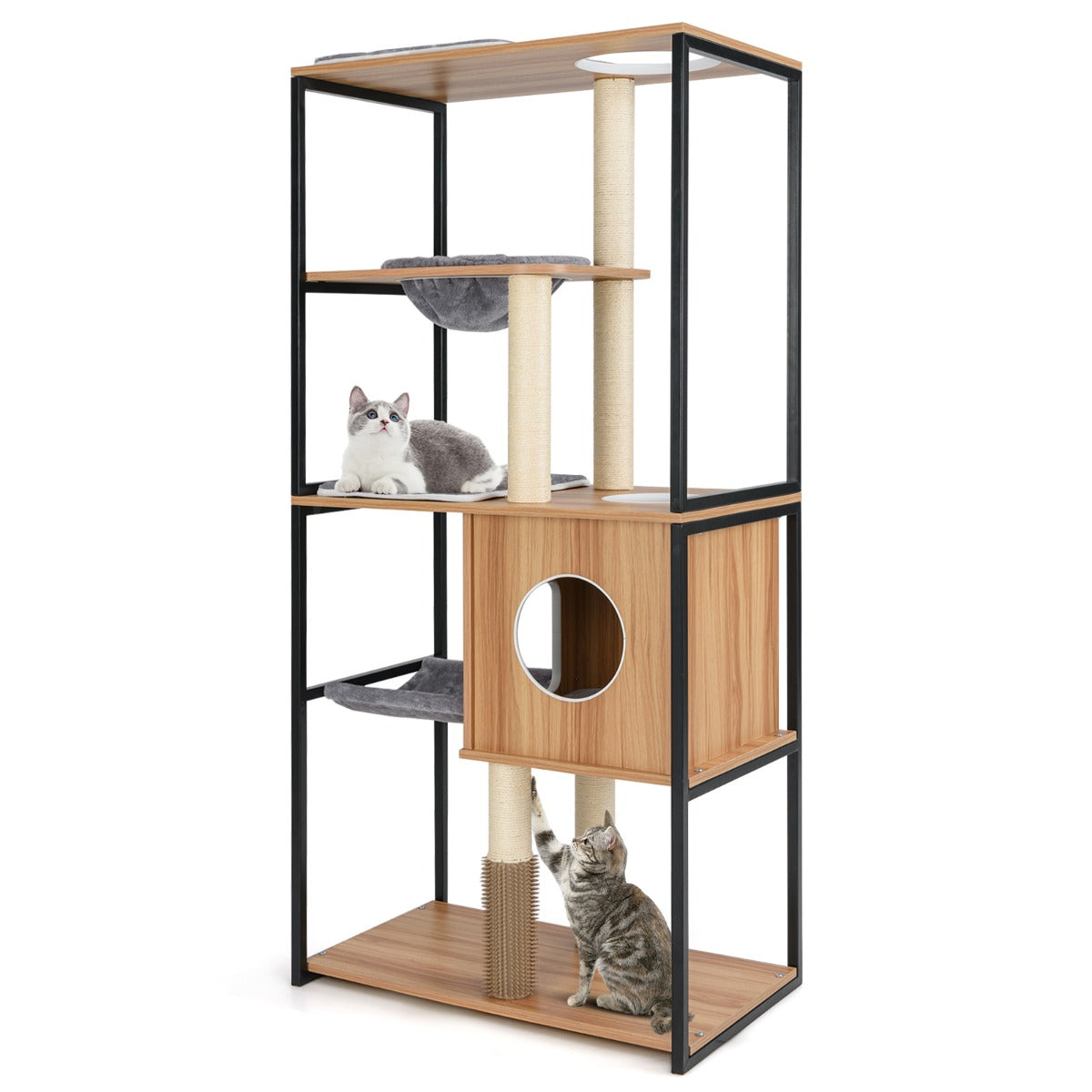LIVSK Moderne Kattentoren - Ruime Condo met Hangmat en Mand - Gewatteerde Zitstokken - 3 Ingangen - 75 x 45 x 160 cm - Natuurlijk