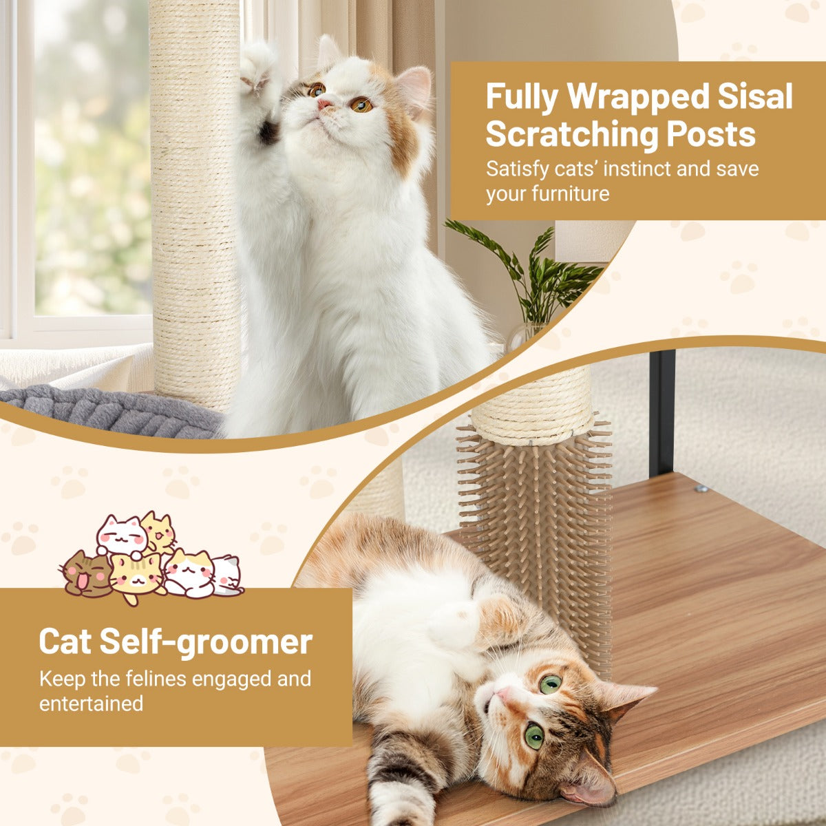 LIVSK Moderne Kattentoren - Ruime Condo met Hangmat en Mand - Gewatteerde Zitstokken - 3 Ingangen - 75 x 45 x 160 cm - Natuurlijk