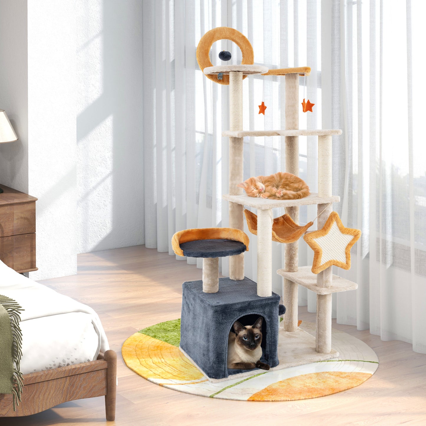 LIVSK Kattenboom Krabpaal - Meerdere Verdiepingen - Huis met Hangmat en Zitruimte - Sisal Krabpalen - Veilig en Stabiel - Beige