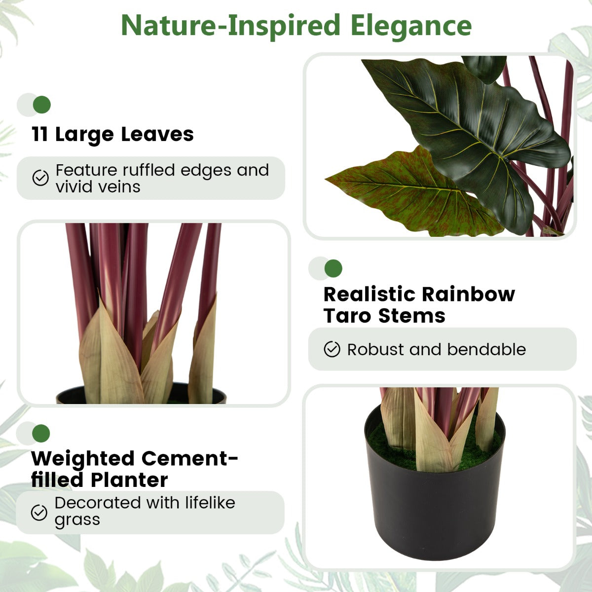 LIVSK Kunstmatige Regenboog-Taro-Plant - 160 cm Hoog - 11 Bladeren - Onderhoudsvriendelijk - Stabiliteit met Cementpot - Groen +