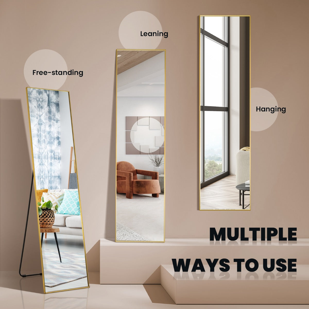 LIVSK Staande Spiegel met U-vormige Beugel - HD-kwaliteit - Breukvast Glas - Aluminium Legering - 160 x 40 x 2 cm - Goud