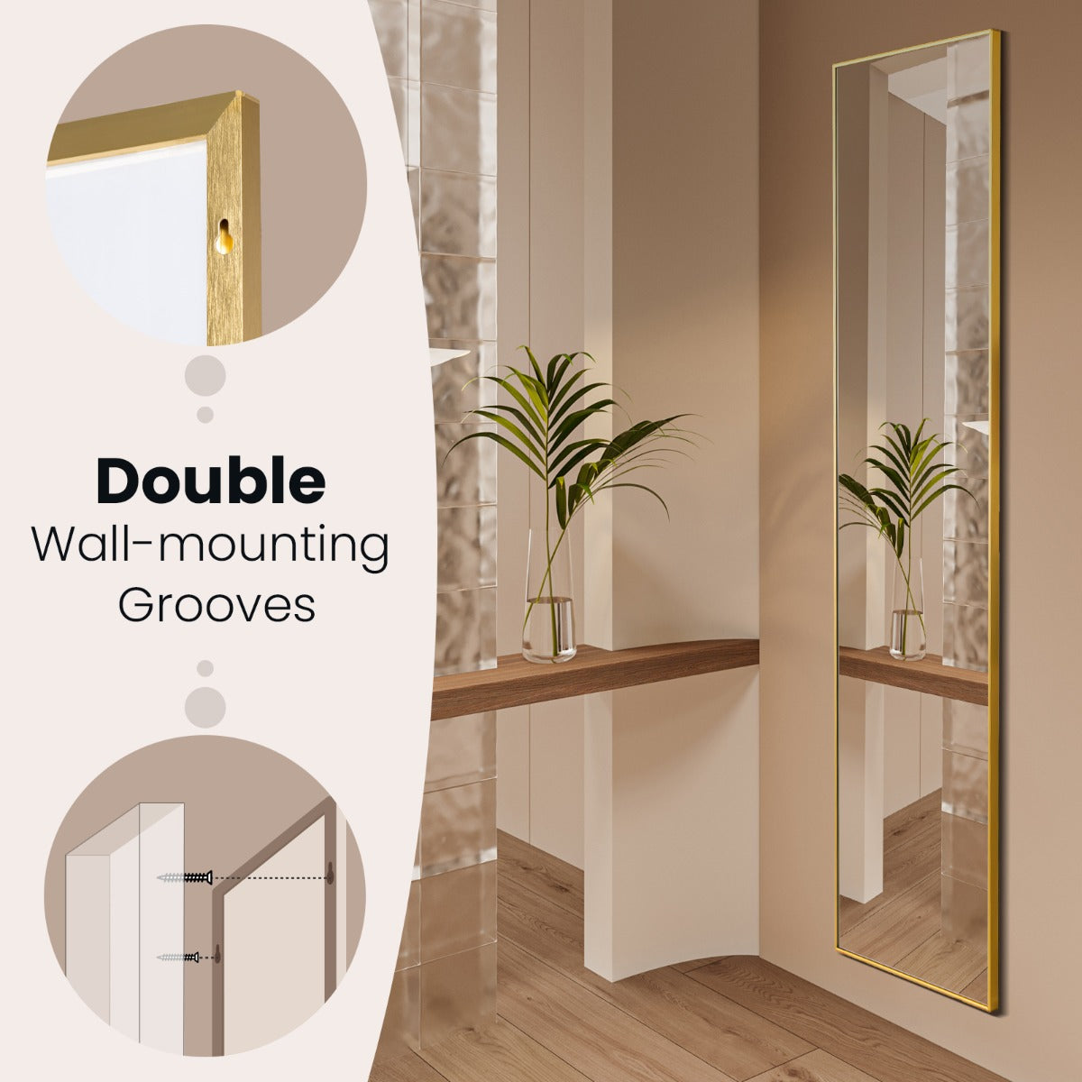 LIVSK Staande Spiegel met U-vormige Beugel - HD-kwaliteit - Breukvast Glas - Aluminium Legering - 160 x 40 x 2 cm - Goud