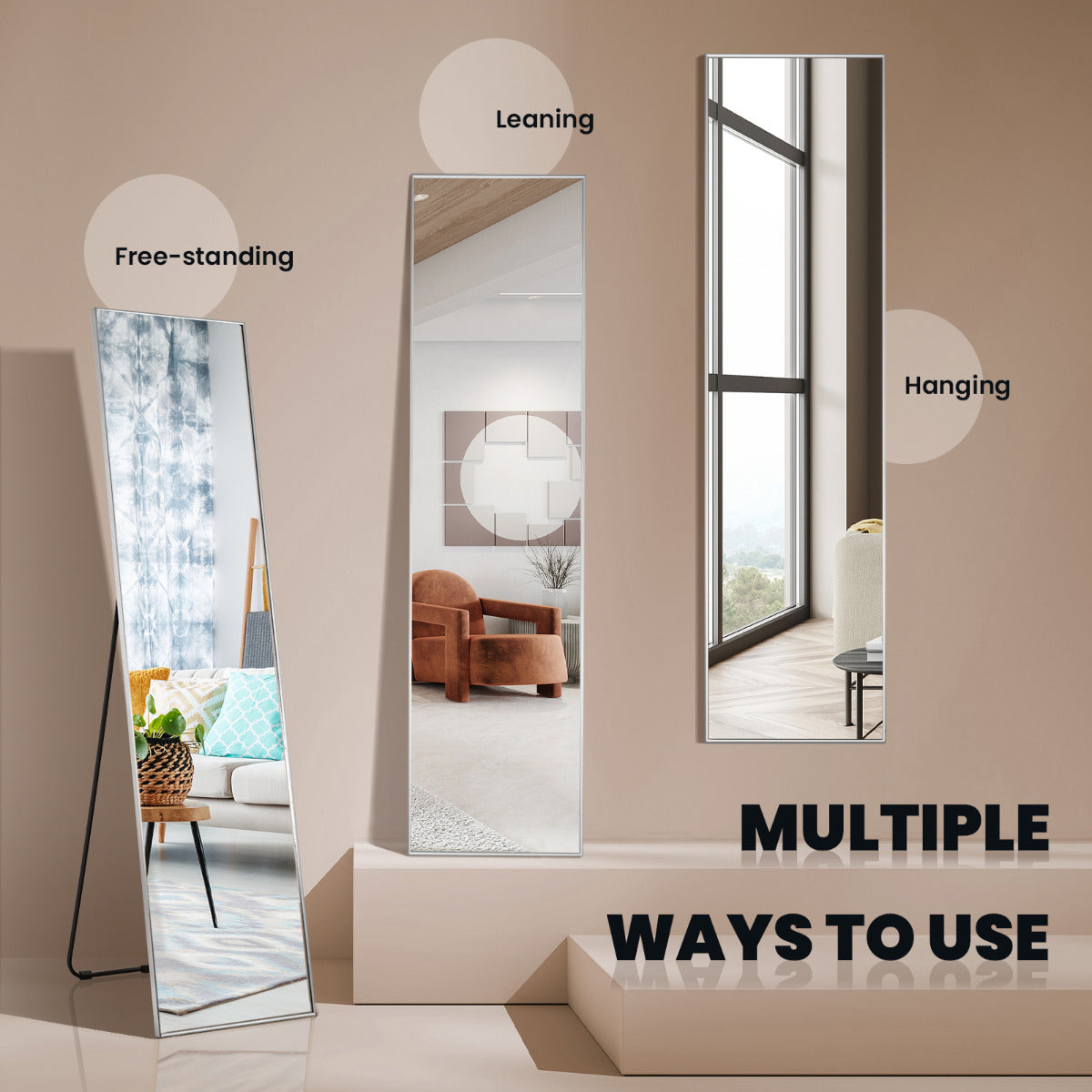 LIVSK Staande Spiegel Volledige Lengte - HD Glas - Aluminiumlegering - Drie Gebruiksmogelijkheden - 160 x 40 x 2 cm - Zilver