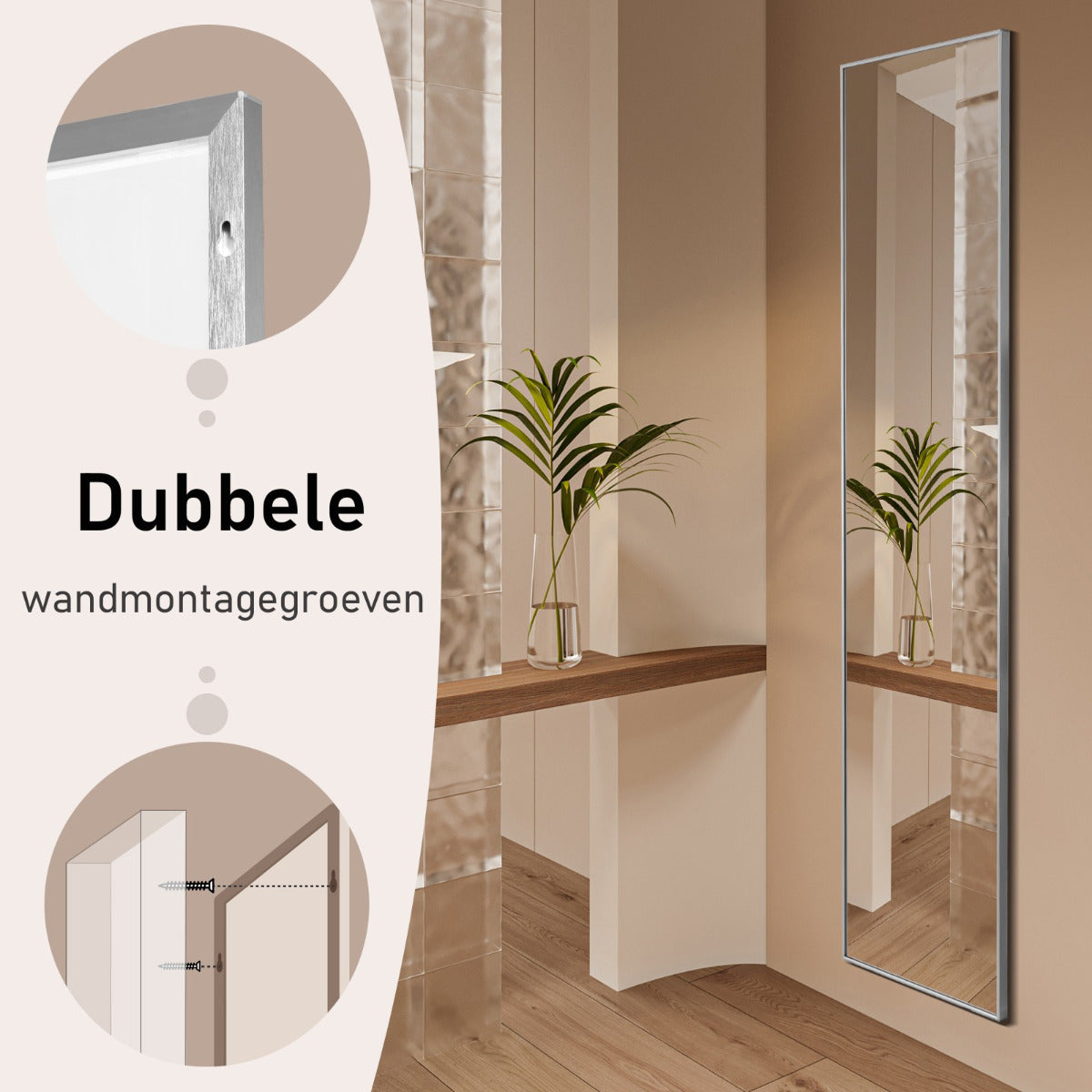 LIVSK Staande Spiegel Volledige Lengte - HD Glas - Aluminiumlegering - Drie Gebruiksmogelijkheden - 160 x 40 x 2 cm - Zilver