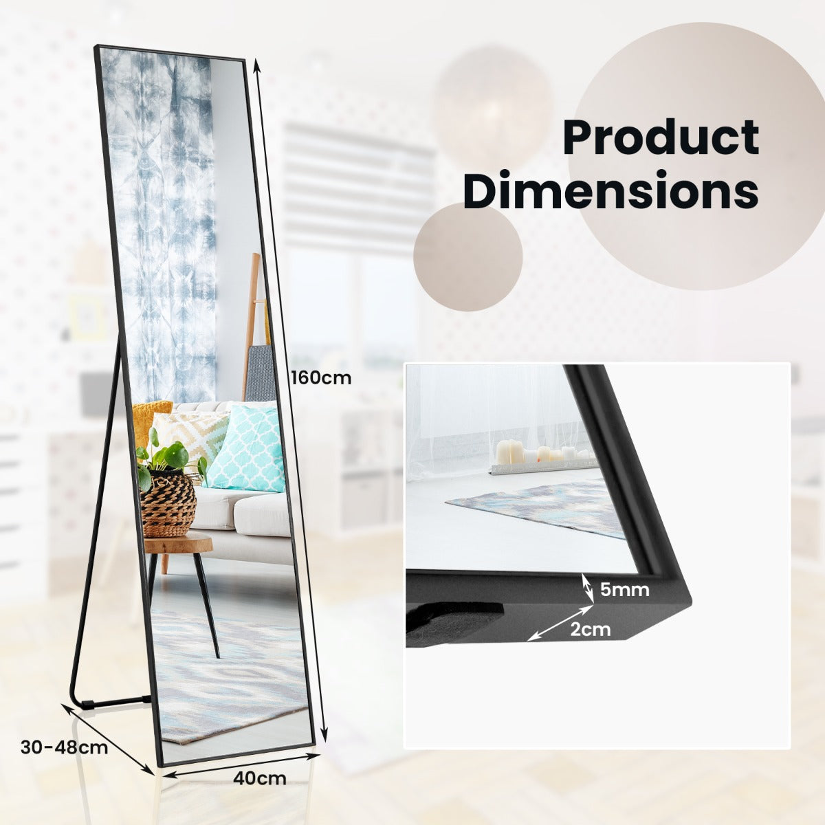 LIVSK Staande Spiegel - Volledige Lengte HD - Breukvast Glas - Aluminiumlegering - U-vormige Steun - 160 x 40 x 2 cm - Zwart