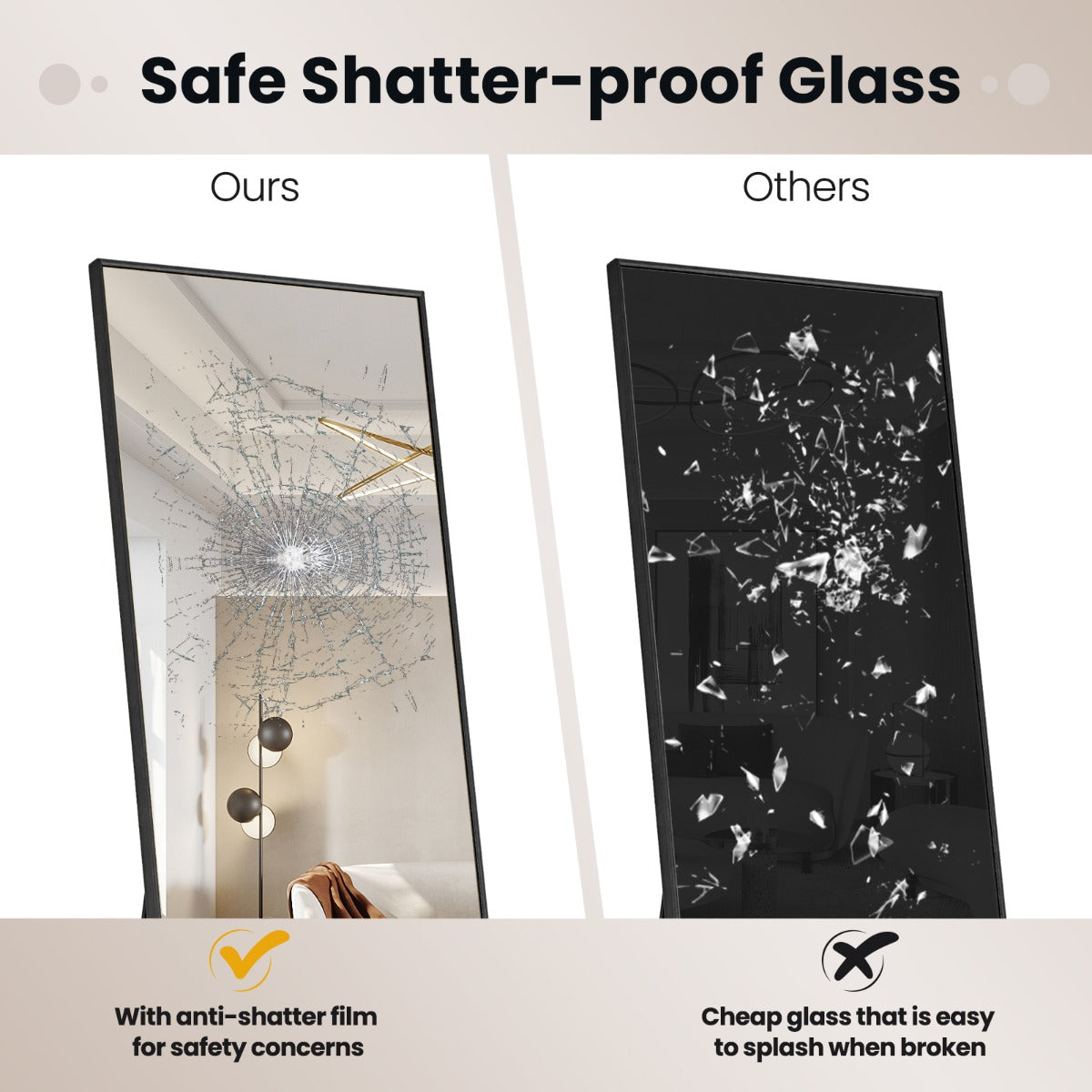 LIVSK Staande Spiegel - Volledige Lengte HD - Breukvast Glas - Aluminiumlegering - U-vormige Steun - 160 x 40 x 2 cm - Zwart