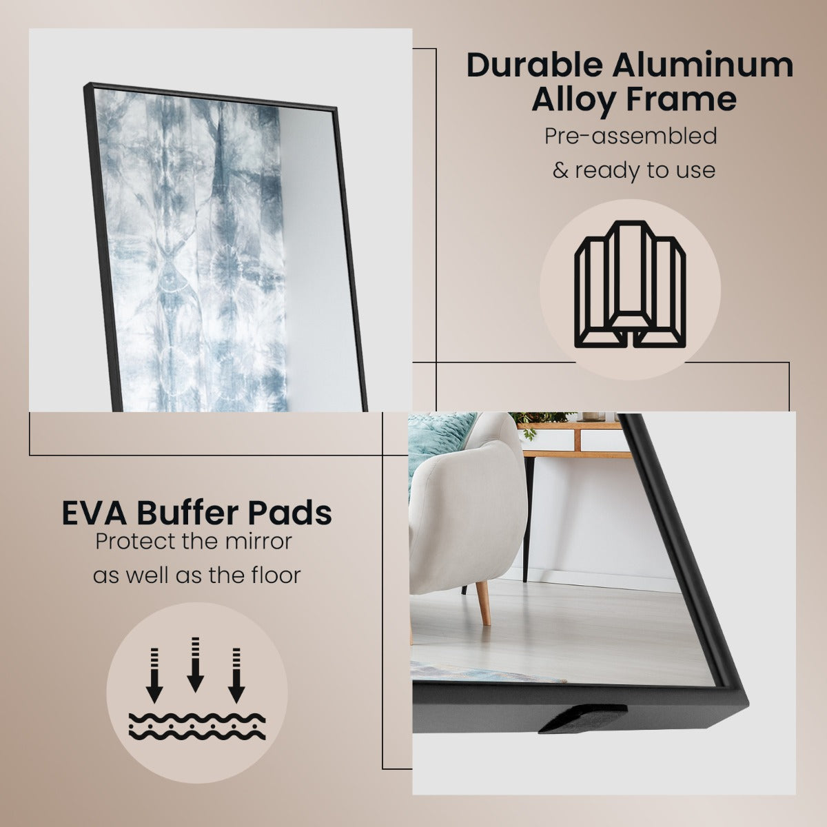 LIVSK Staande Spiegel - Volledige Lengte HD - Breukvast Glas - Aluminiumlegering - U-vormige Steun - 160 x 40 x 2 cm - Zwart