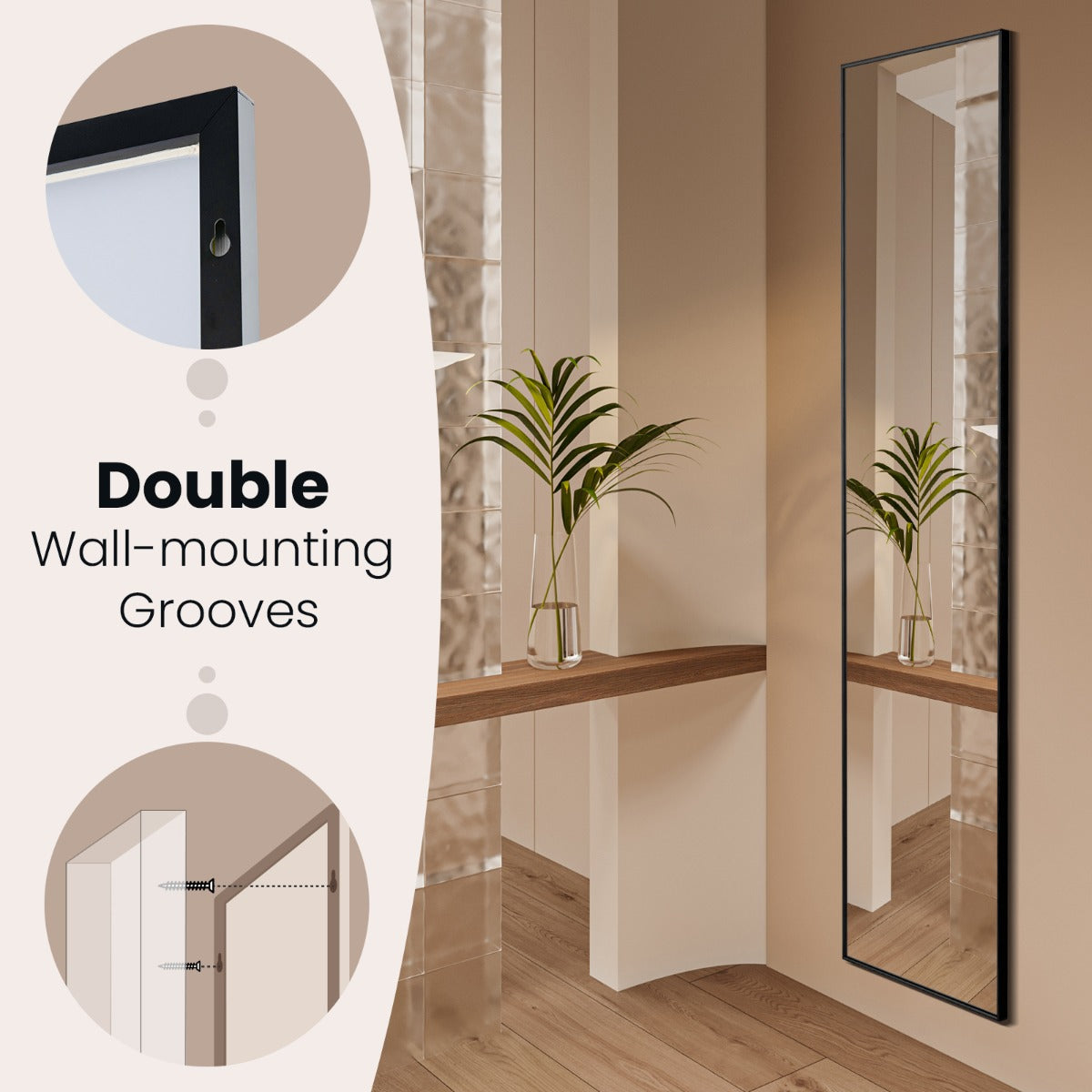 LIVSK Staande Spiegel - Volledige Lengte HD - Breukvast Glas - Aluminiumlegering - U-vormige Steun - 160 x 40 x 2 cm - Zwart