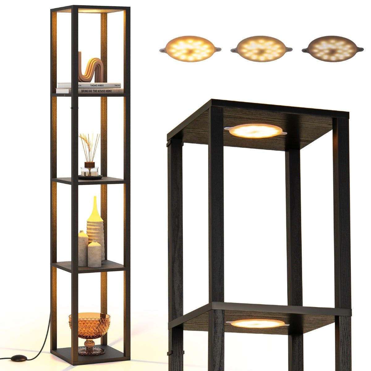 LIVSK 4-laags vloerlamp met planken - Dimbare LED - Voetenschakelaar - Ruimtebesparend design - Voor boeken en decoraties - Zwart