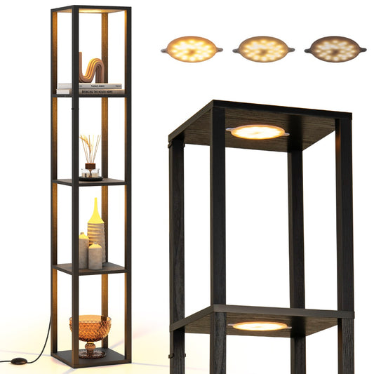 LIVSK 4-laags vloerlamp met planken - Dimbare LED - Voetenschakelaar - Ruimtebesparend design - Voor boeken en decoraties - Zwart