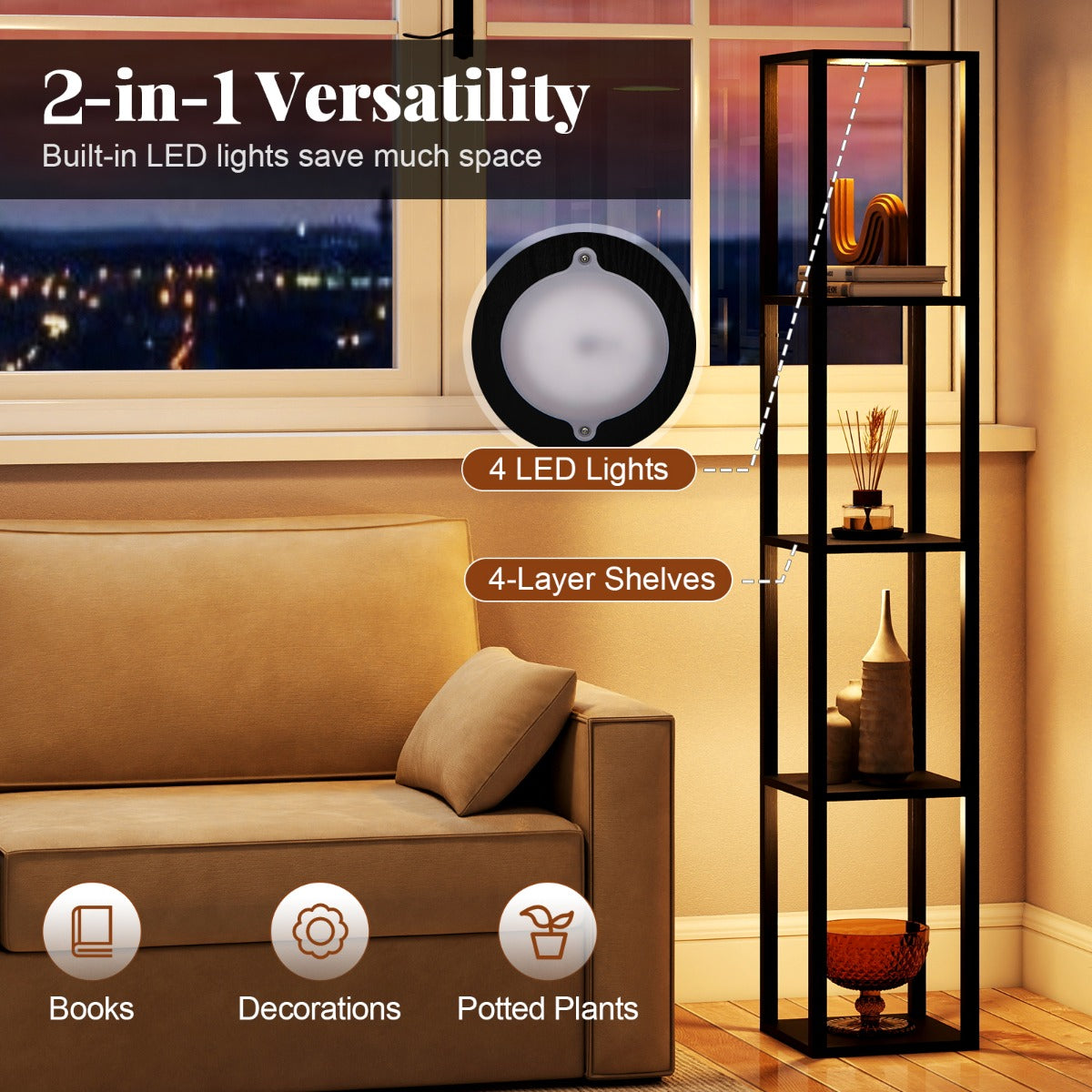 LIVSK 4-laags vloerlamp met planken - Dimbare LED - Voetenschakelaar - Ruimtebesparend design - Voor boeken en decoraties - Zwart
